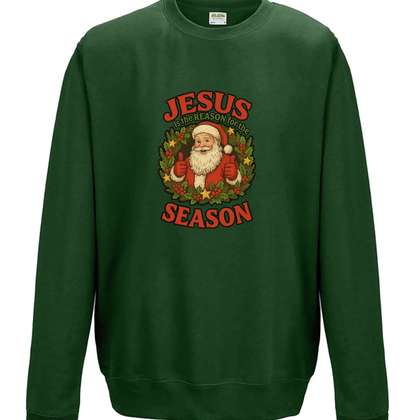 Green midweight cotton crewneck sweatshirt with Santa and holly design reading "Jesus is the Reason for the Season.