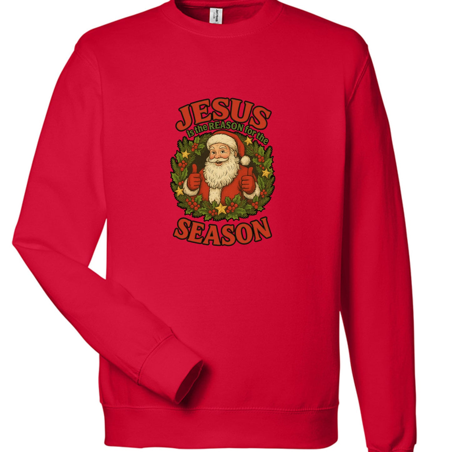 Red crewneck sweatshirt with Santa in holly circle and "Jesus Season" text.