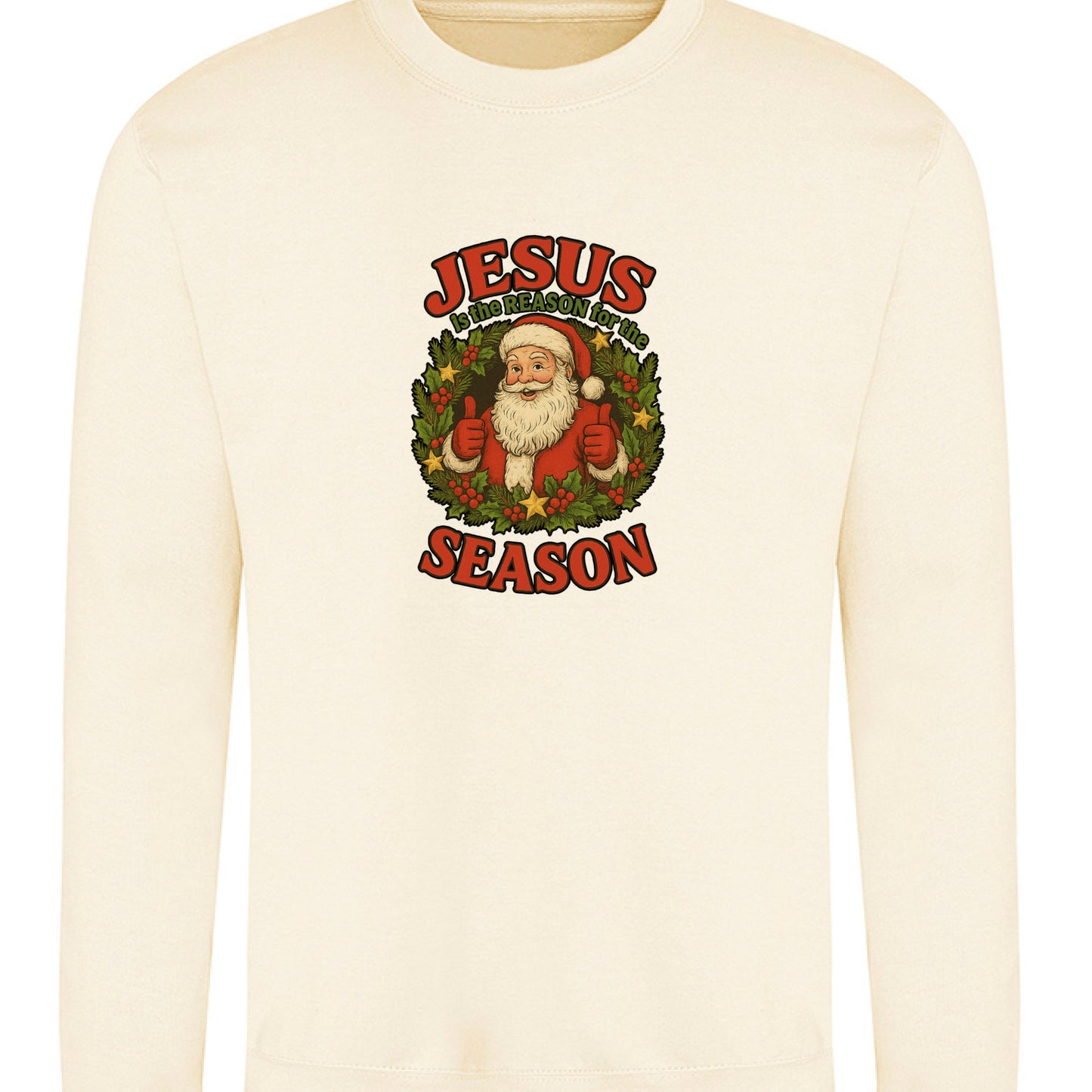 Cream crewneck sweatshirt with "Jesus is the Reason for the Season" text and Santa graphic.