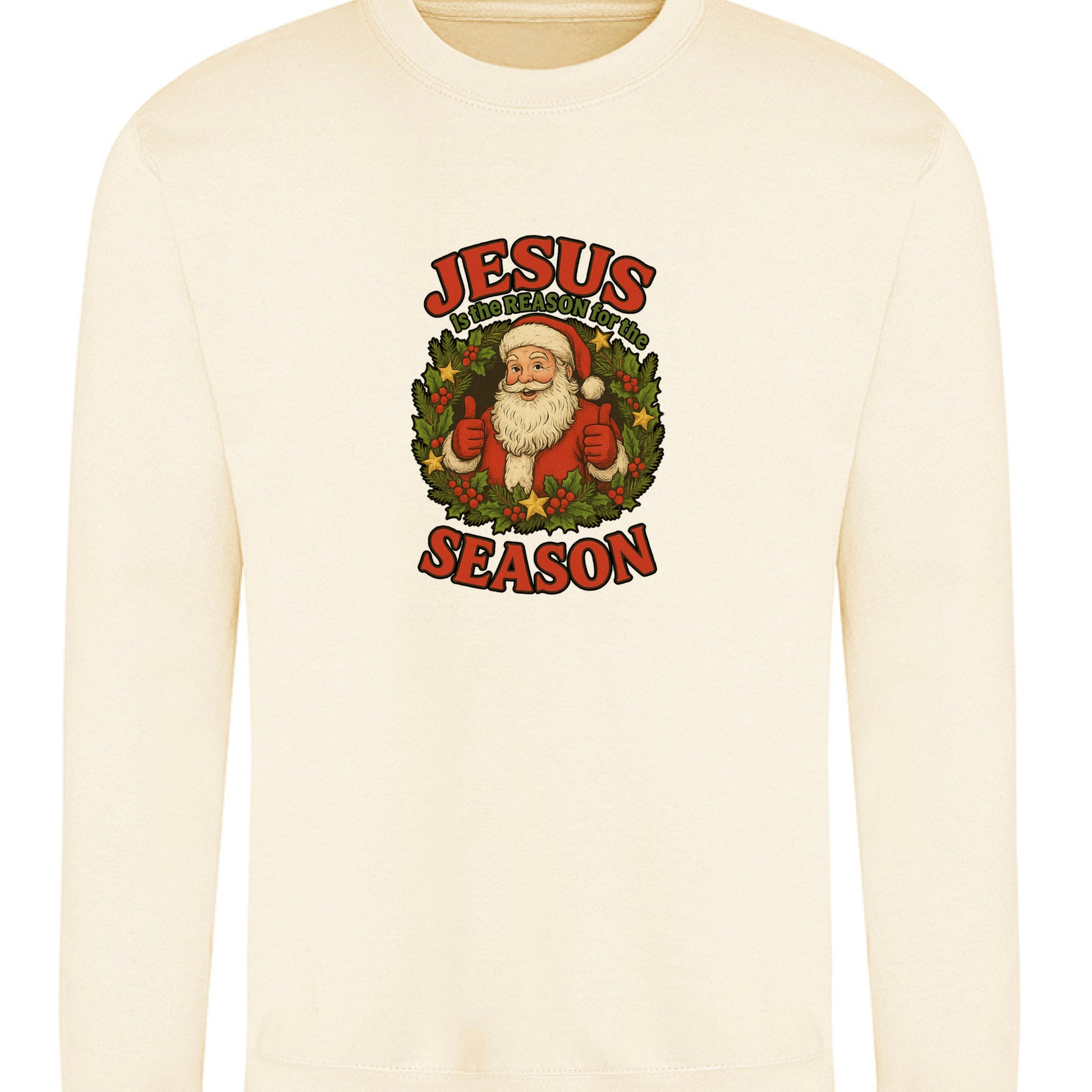 Cream crewneck sweatshirt with "Jesus is the Reason for the Season" text and Santa graphic.