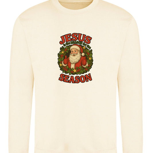 Cream crewneck sweatshirt with "Jesus is the Reason for the Season" text and Santa graphic.