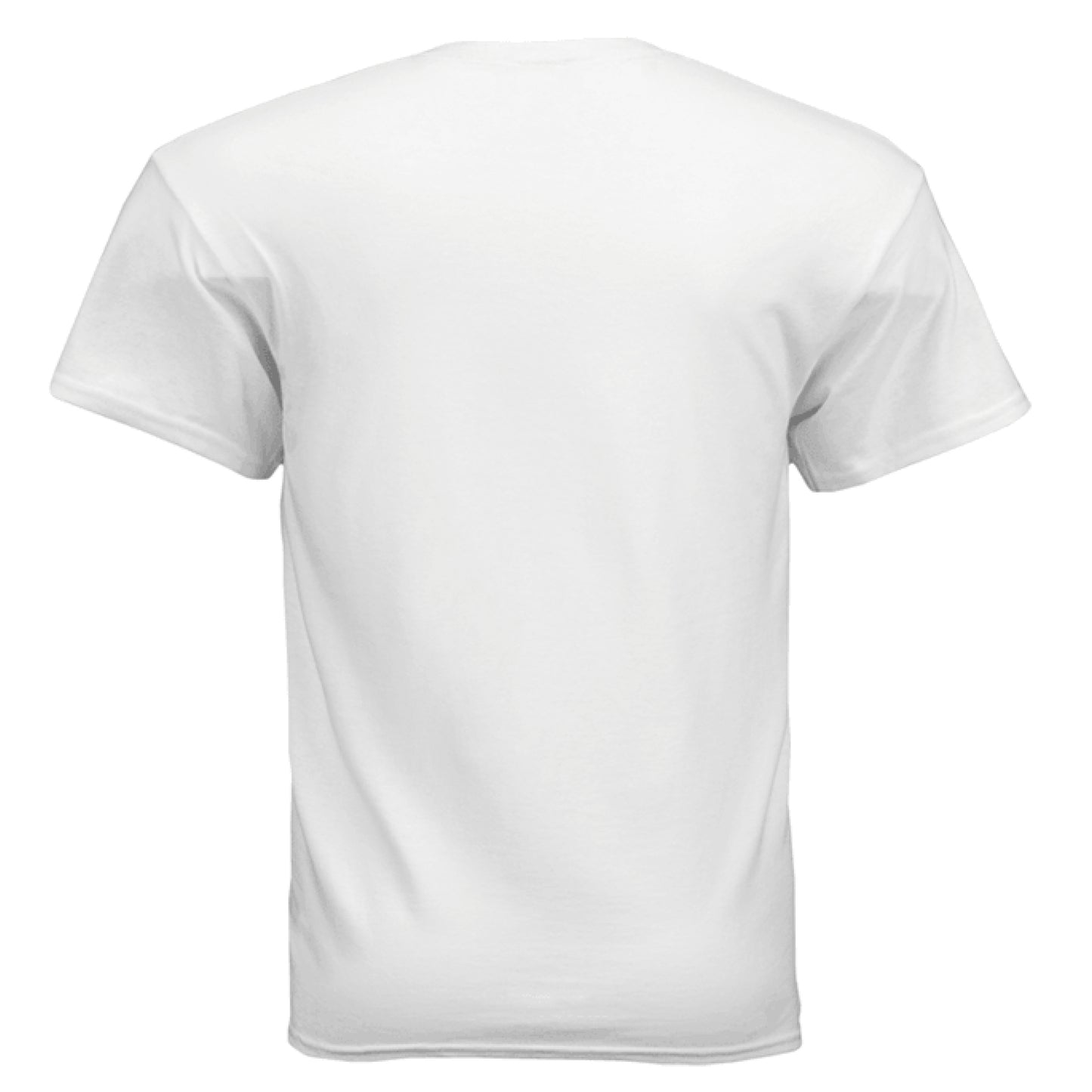 Rear view of a white Gildan Ultra Cotton adult t-shirt.