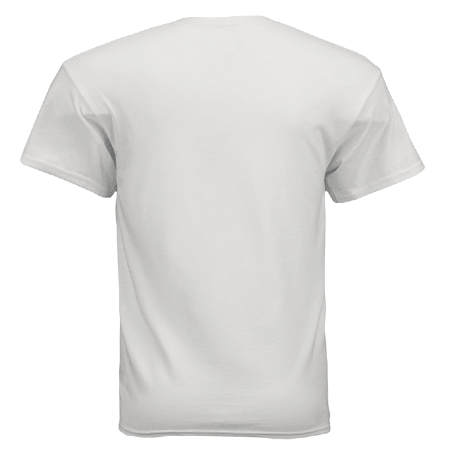 Rear view of a white Gildan Ultra Cotton T-shirt on a model.