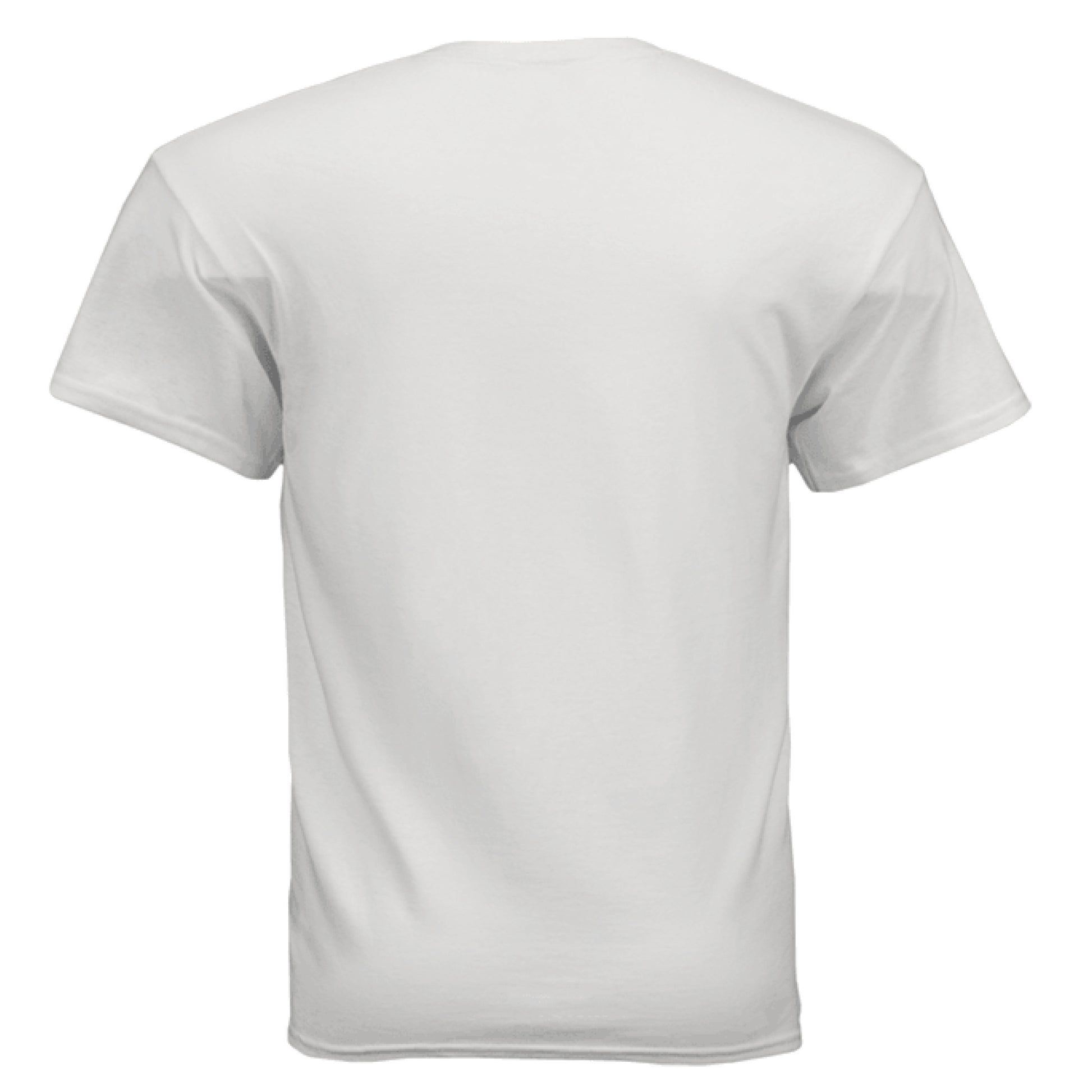 Rear view of a white Gildan Ultra Cotton T-shirt on a model.