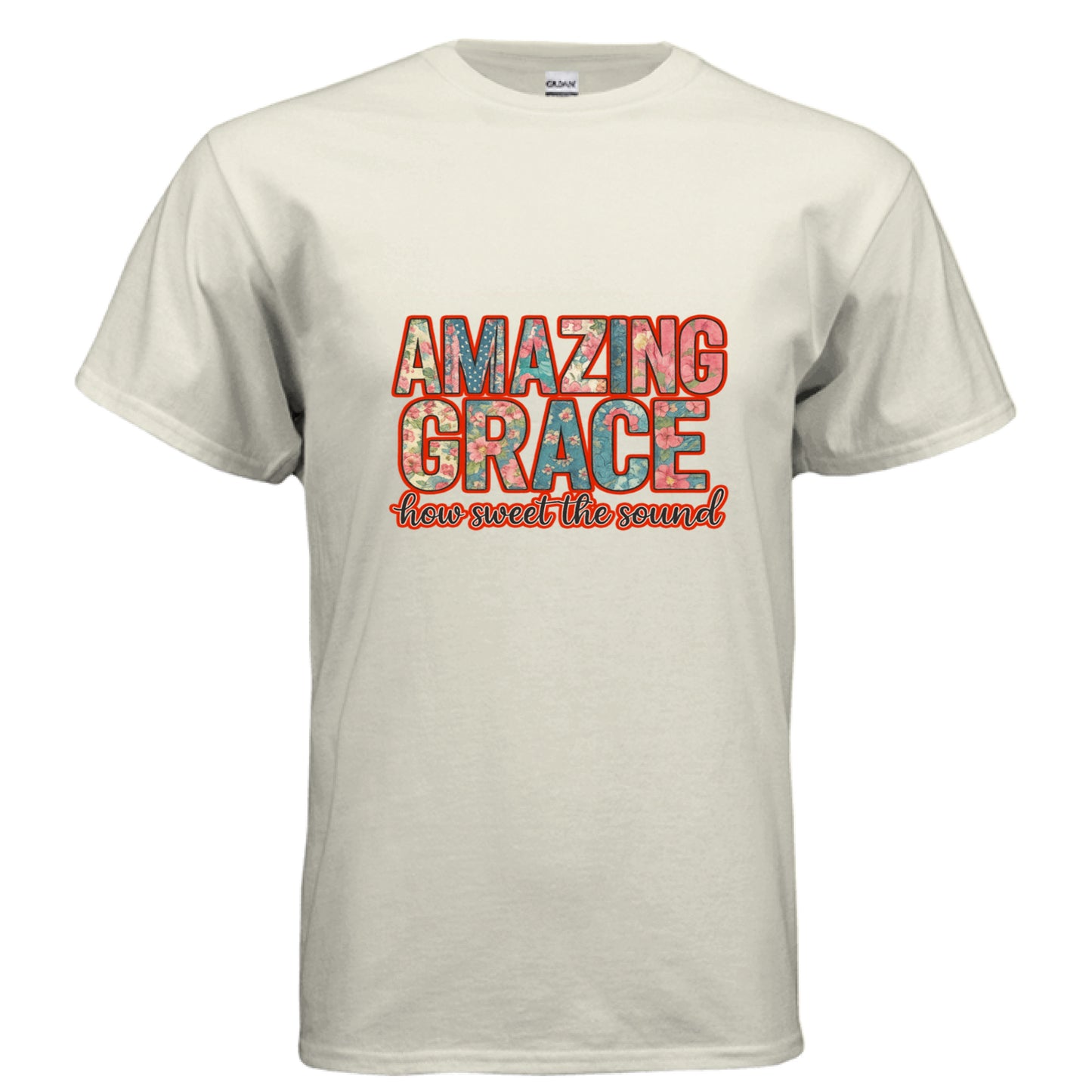 Cream Gildan Ultra Cotton T-shirt with "Amazing Grace, how sweet the sound" text in red and orange.