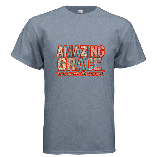 Gray Gildan Ultra Cotton T-shirt with "Amazing Grace" text in red and pink.