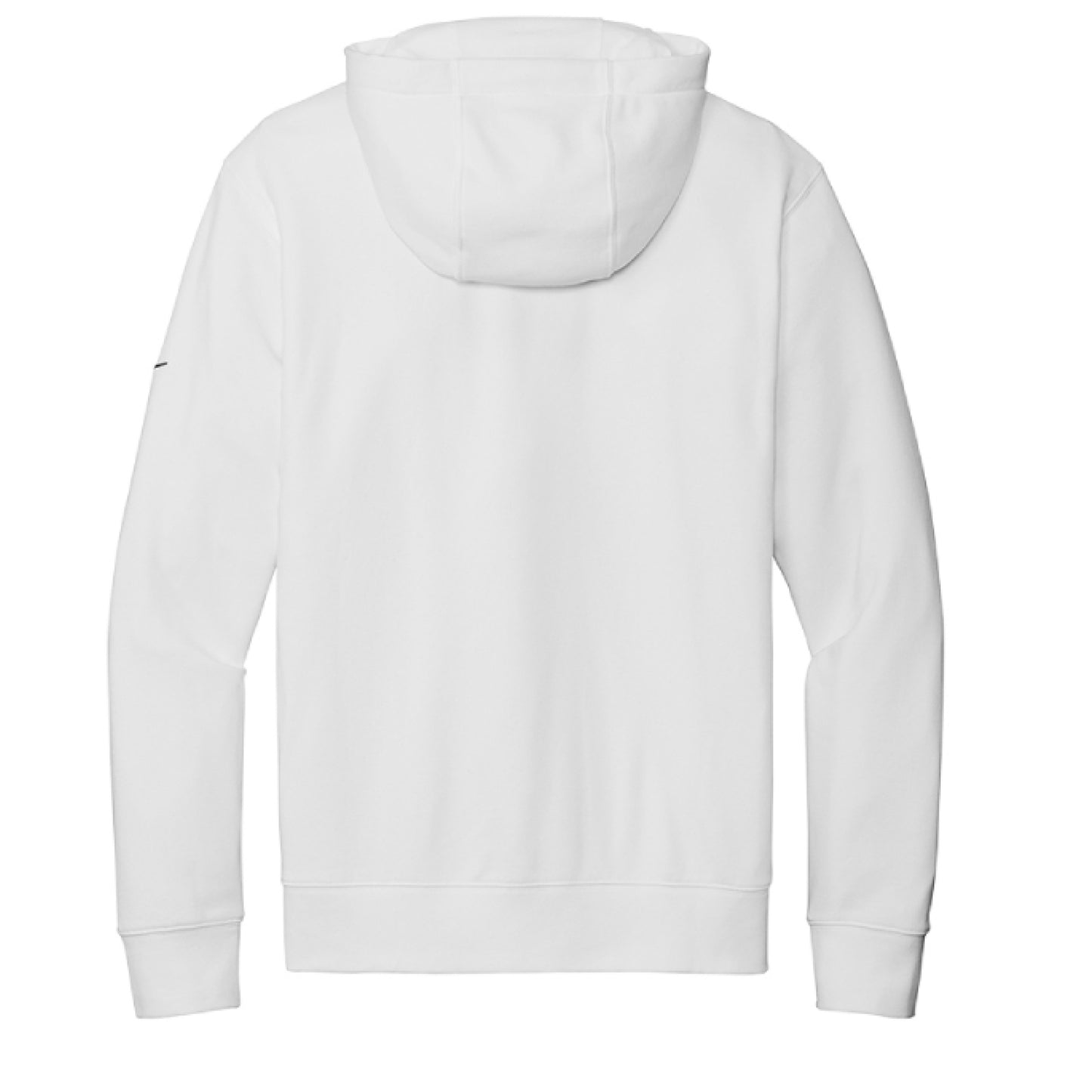 White Nike fleece pullover hoodie with embroidered Santa Says Merry Christmas Ya’ll text on back and sleeve Swoosh.