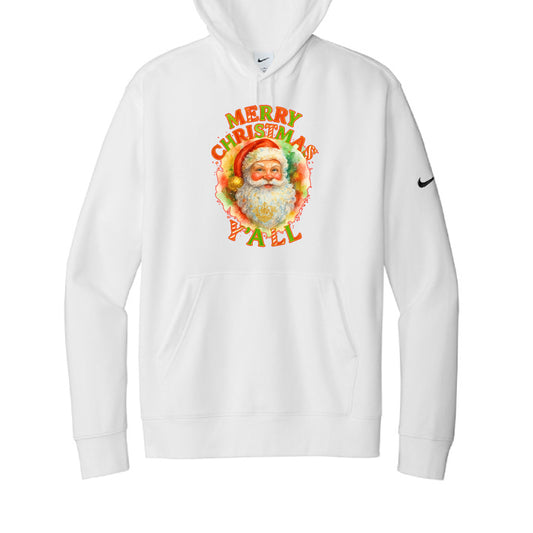White Nike fleece hoodie with colorful Santa graphic and "Merry Christmas Ya'll" text.