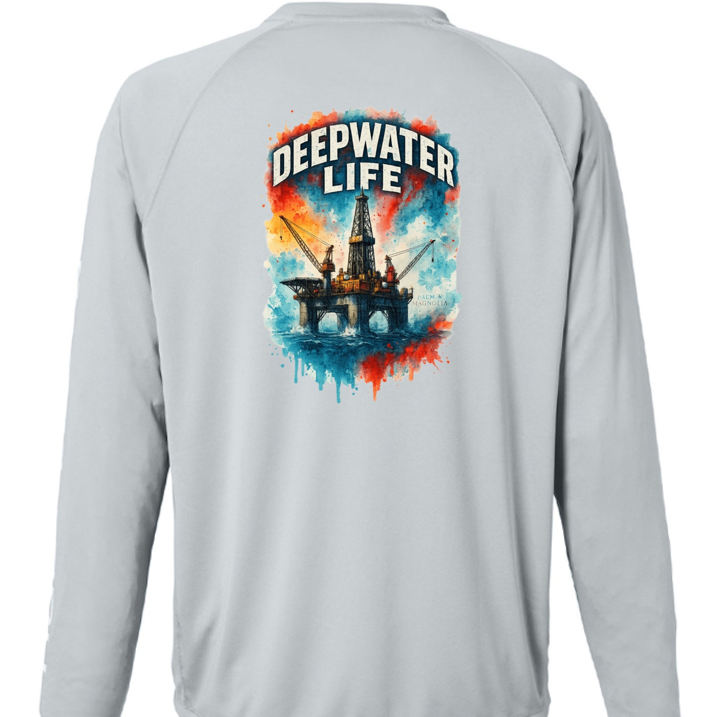 Gray long-sleeve performance T-shirt with colorful Deepwater Life oil rig graphic on back.