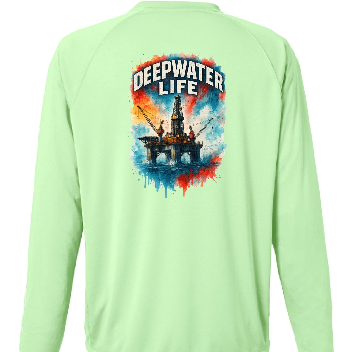 Back view of green HUK Pursuit long-sleeve performance T-shirt with Deepwater Life oil rig graphic.