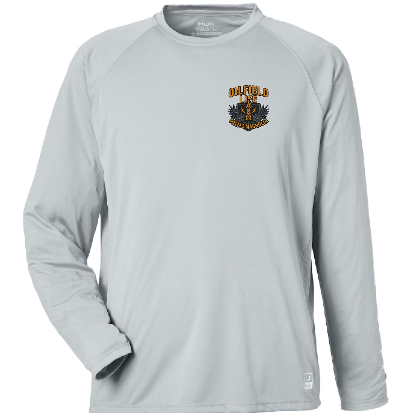 Gray HUK Men's Pursuit long-sleeve performance T-shirt with orange OU logo on chest.