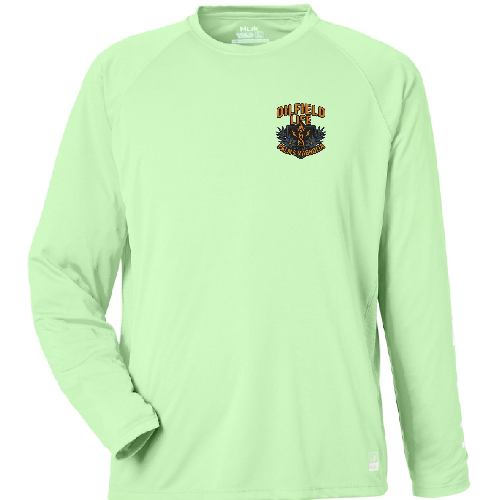 Light green HUK Men's Pursuit long-sleeve performance T-shirt with Oilfield logo.