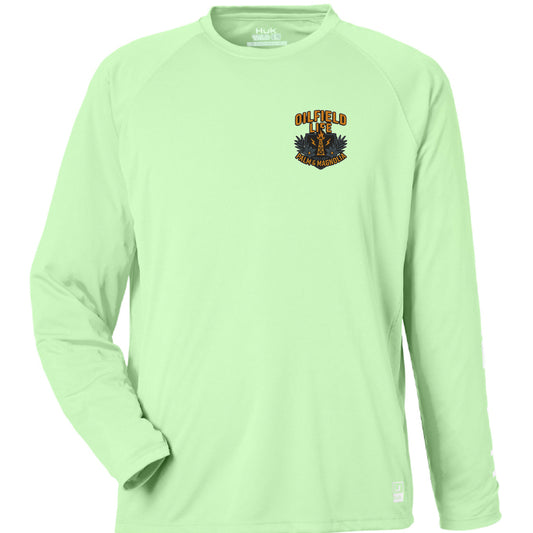 Light green HUK Men's Pursuit long-sleeve performance T-shirt with Oilfield logo.