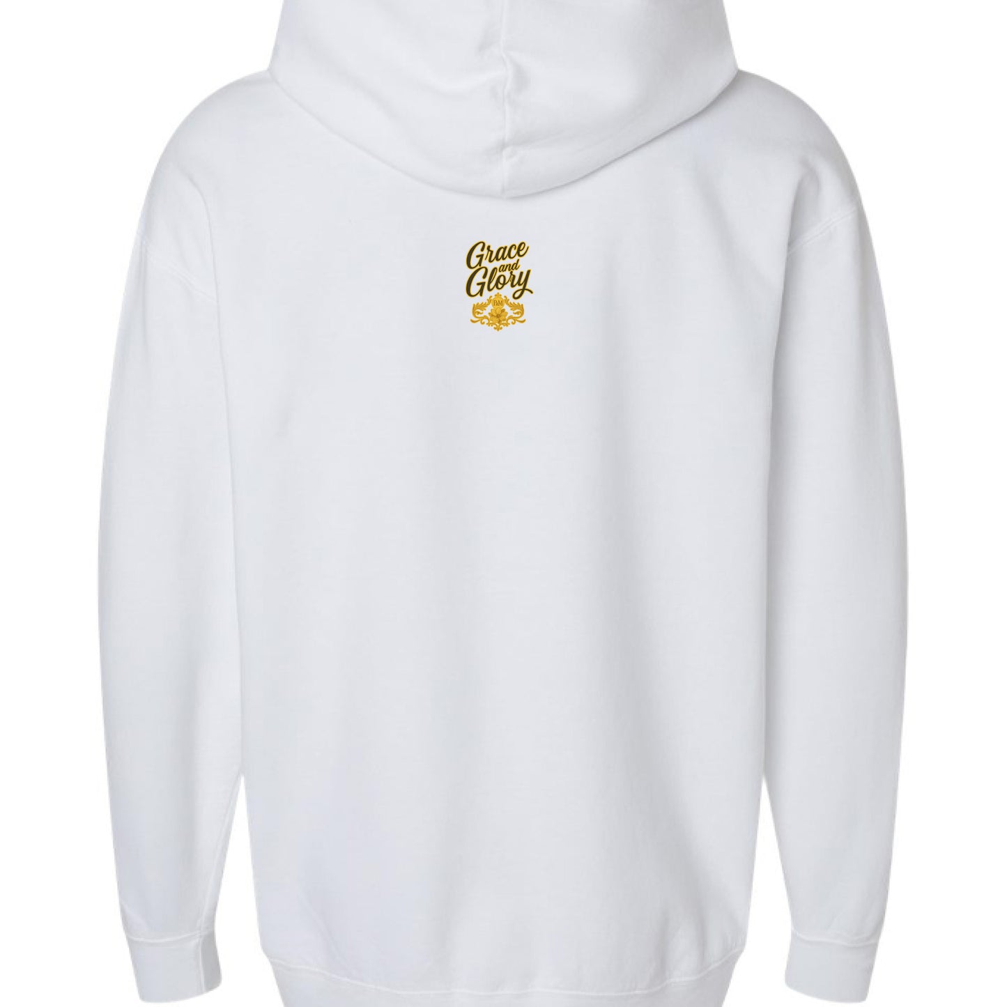 White hoodie with rustic wooden cross and glowing Christmas lights on back.