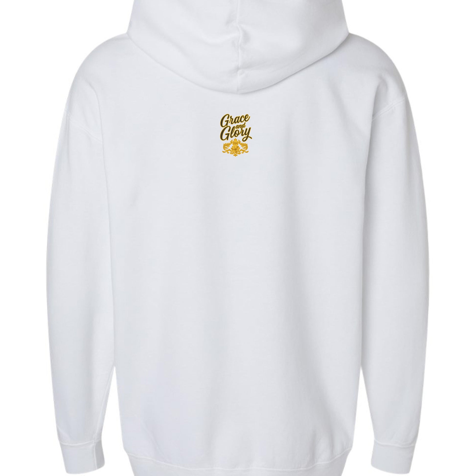 White hoodie with rustic wooden cross and glowing Christmas lights on back.