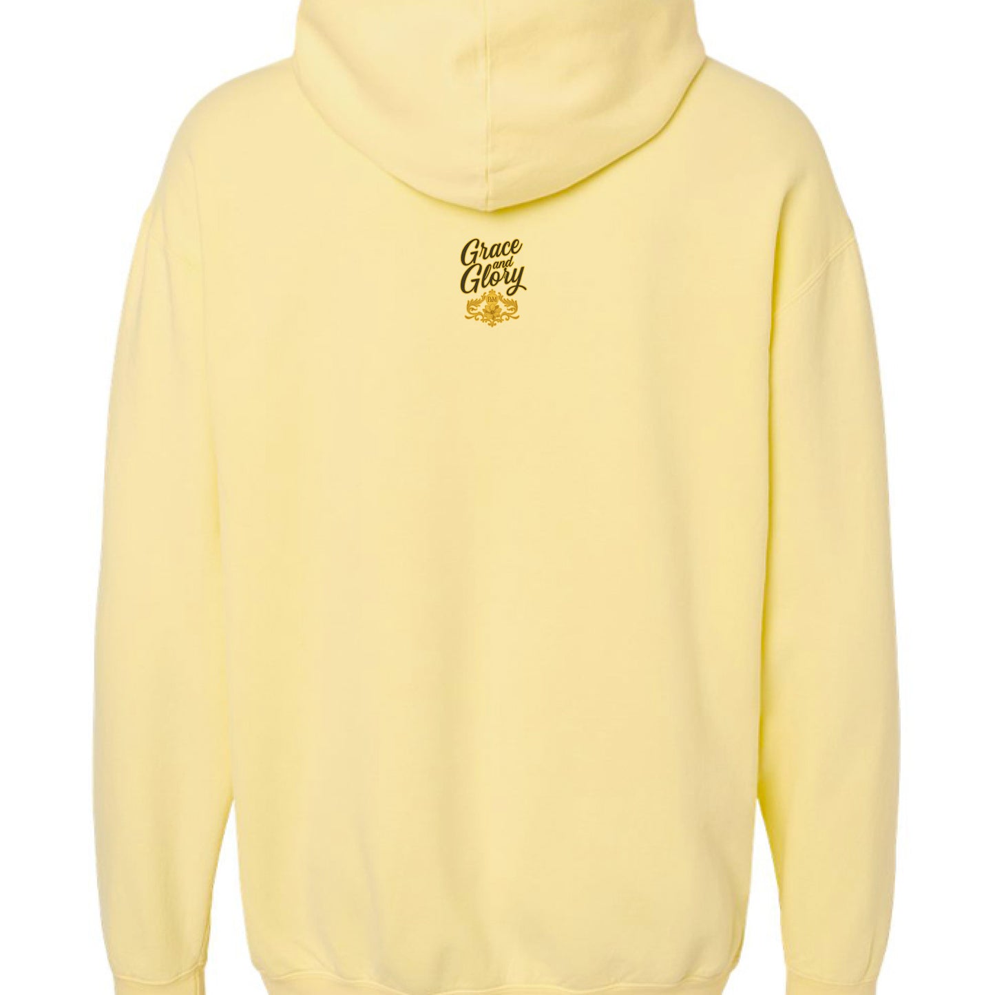 Back view of yellow hoodie with "Peace Story" text and leaf emblem.