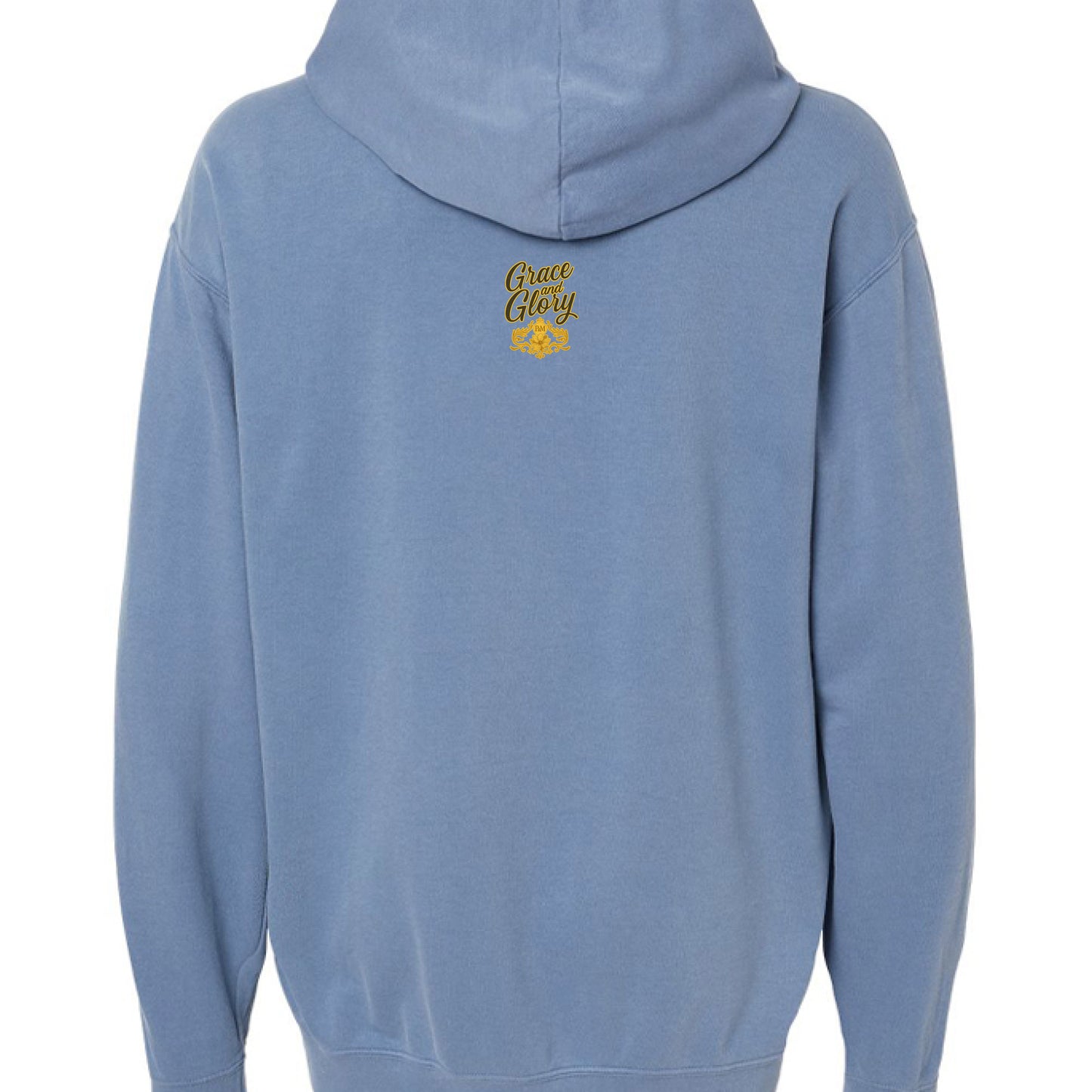 Blue hoodie with "Peace Story" text and yellow emblem on the back.