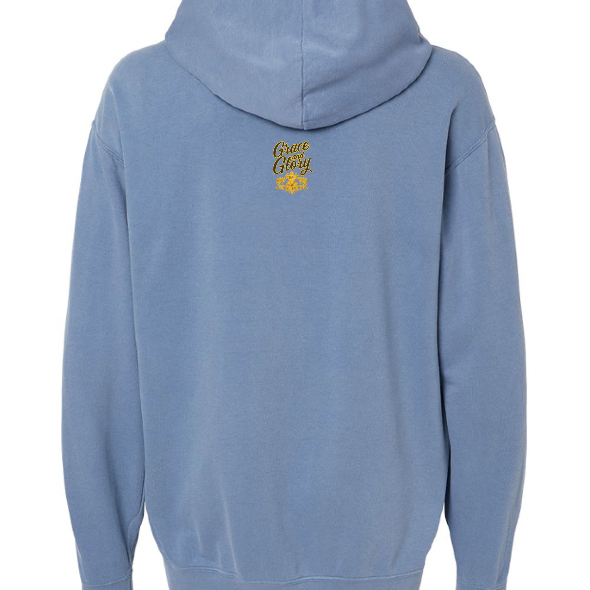 Blue hoodie with "Peace Story" text and yellow emblem on the back.
