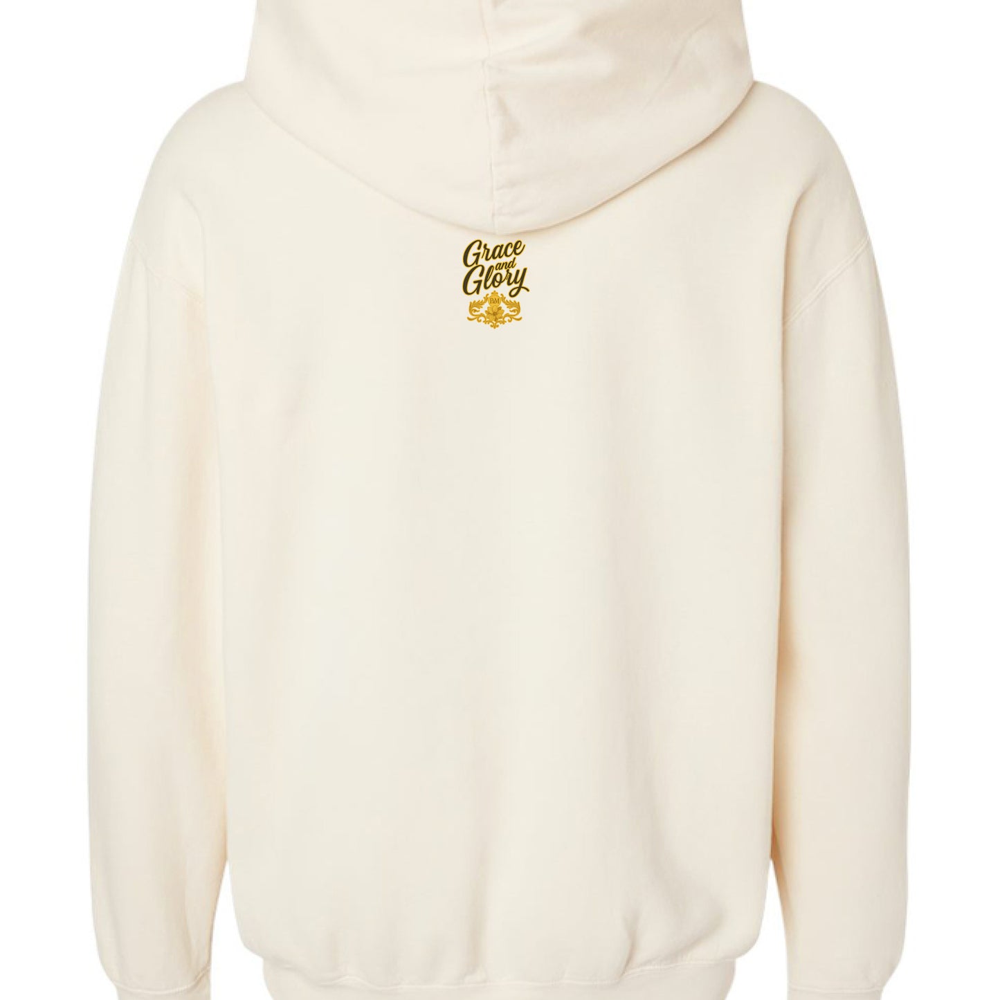 Cream hoodie with rustic wooden cross and glowing Christmas lights on back.