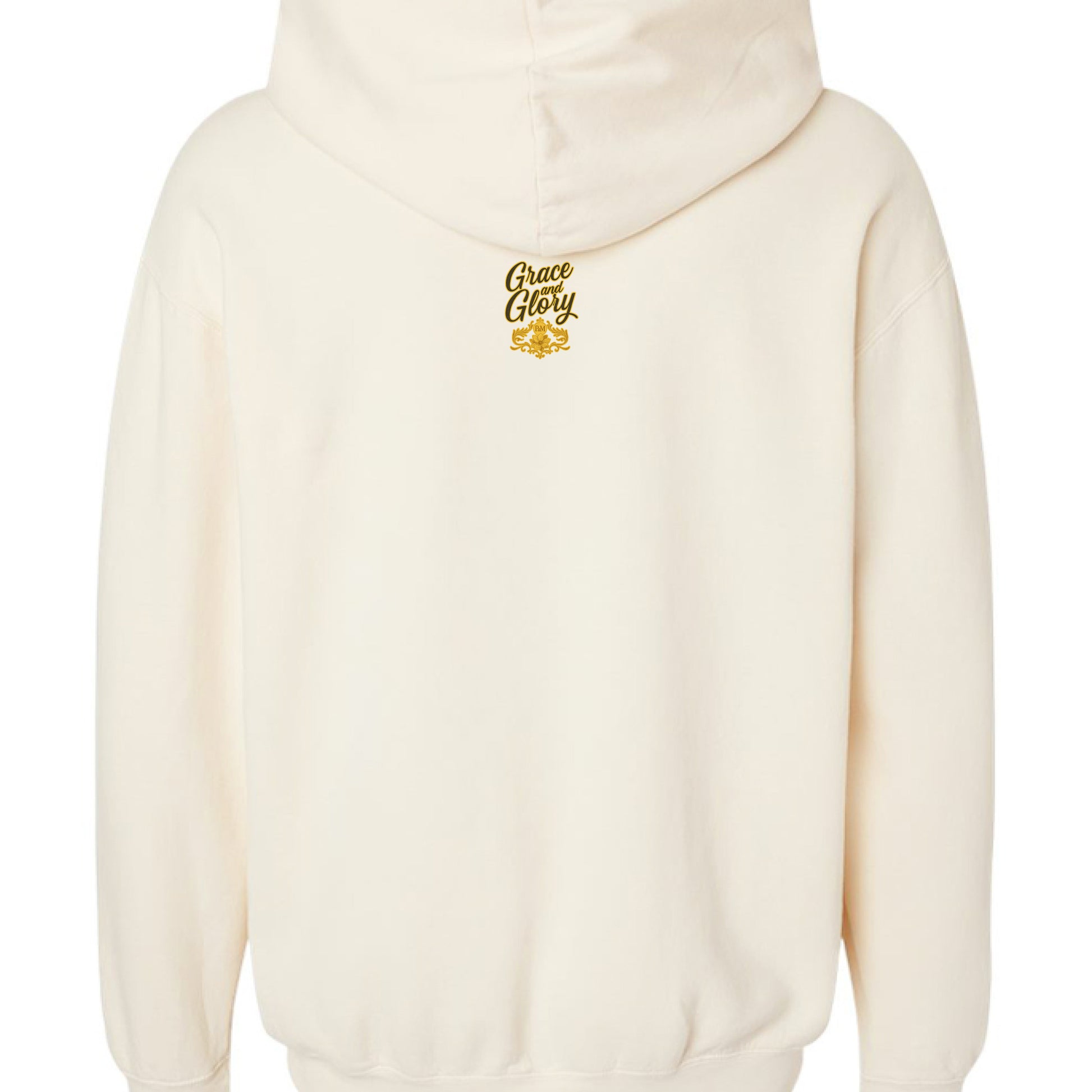 Cream hoodie with rustic wooden cross and glowing Christmas lights on back.