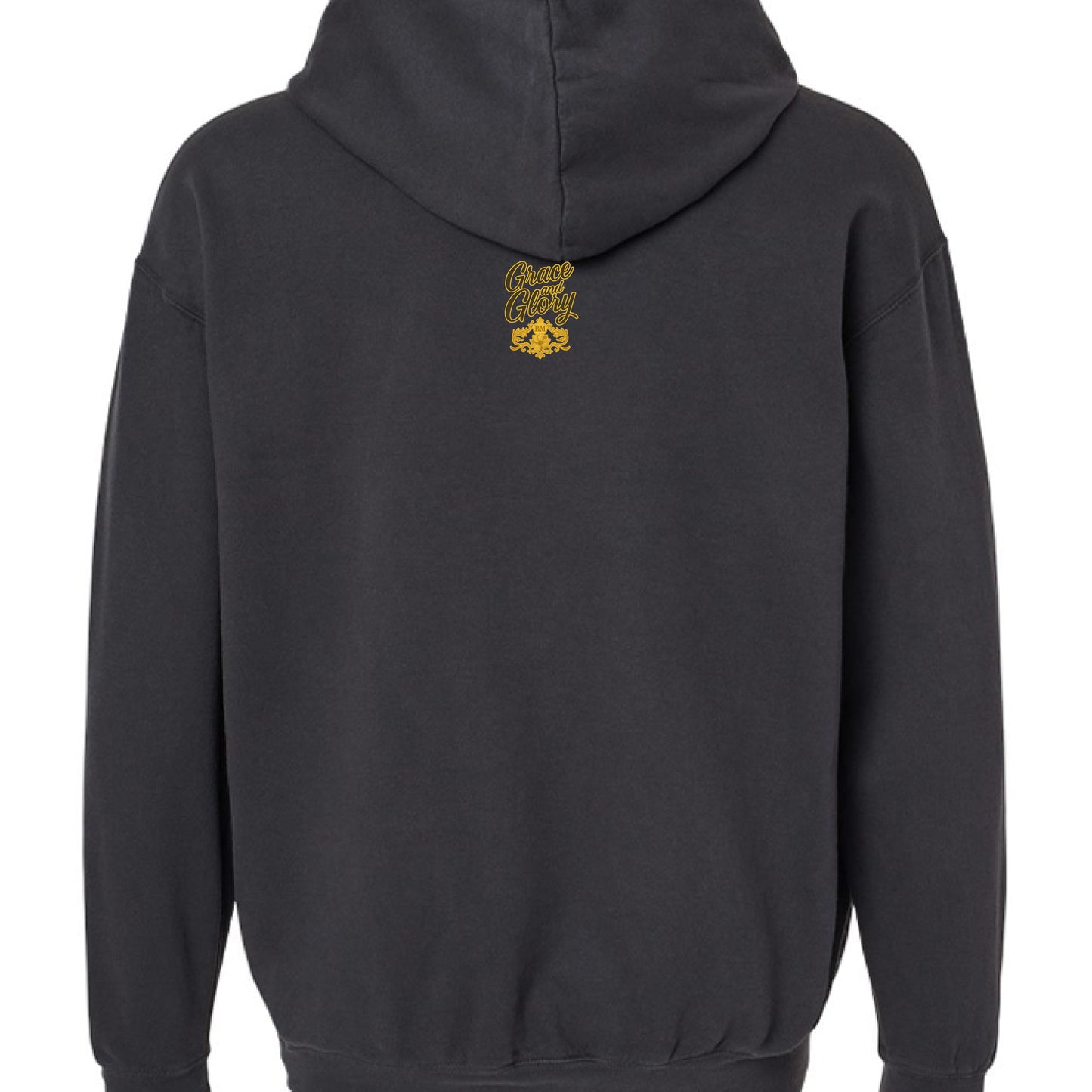Back view of black Palm & Magnolia hoodie with rustic cross and Christmas lights design.