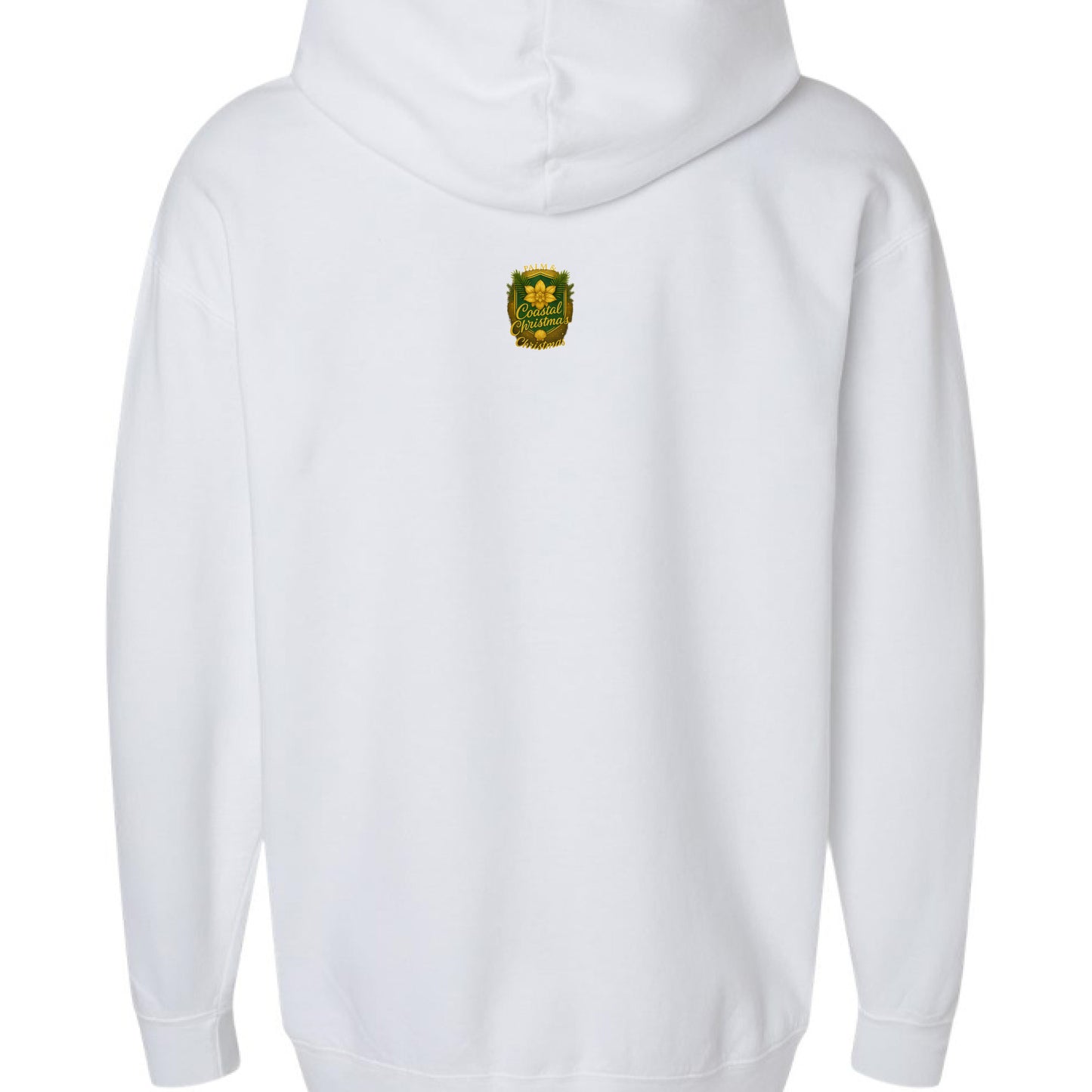 White hoodie with centered gold Santa emblem featuring palms and magnolias.