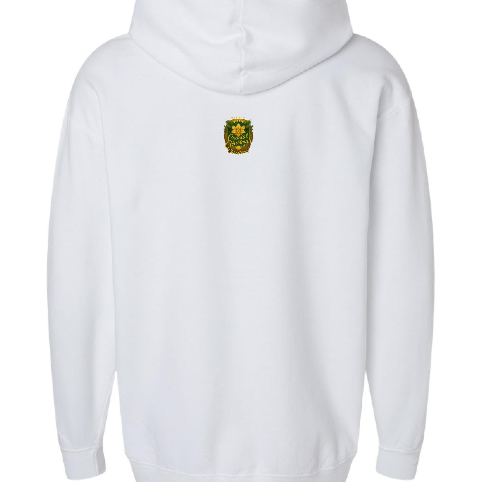 White hoodie with centered gold Santa emblem featuring palms and magnolias.