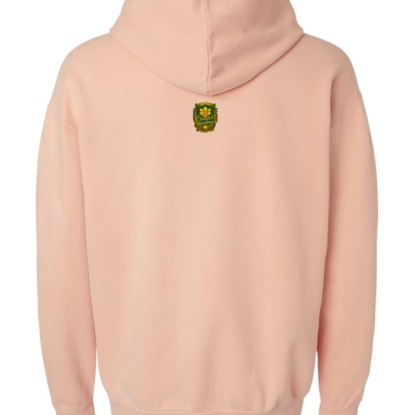 Pink hoodie with green coastal Santa emblem on back, from Palm & Magnolia collection.