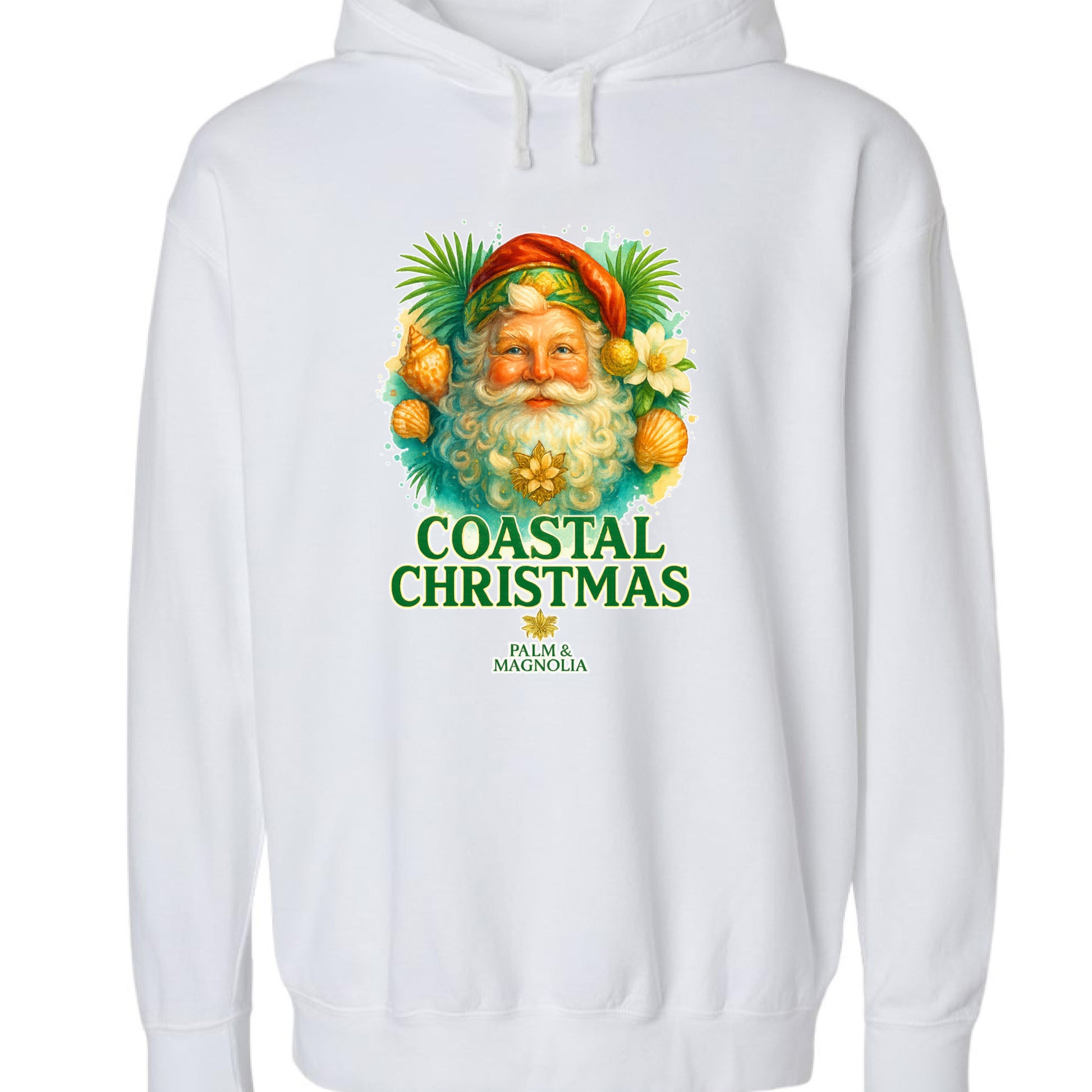 White hoodie with a colorful coastal Santa Claus print and "Coastal Christmas" text.