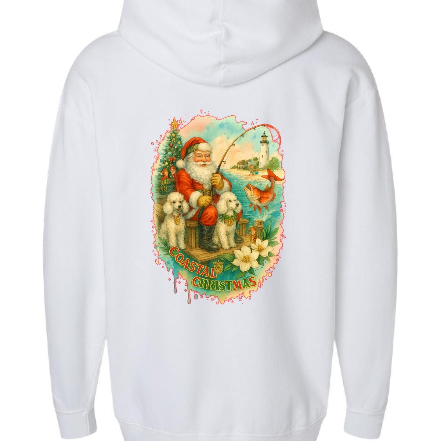 White hoodie with Santa fishing for redfish, poodles, lighthouse, and Christmas tree design.