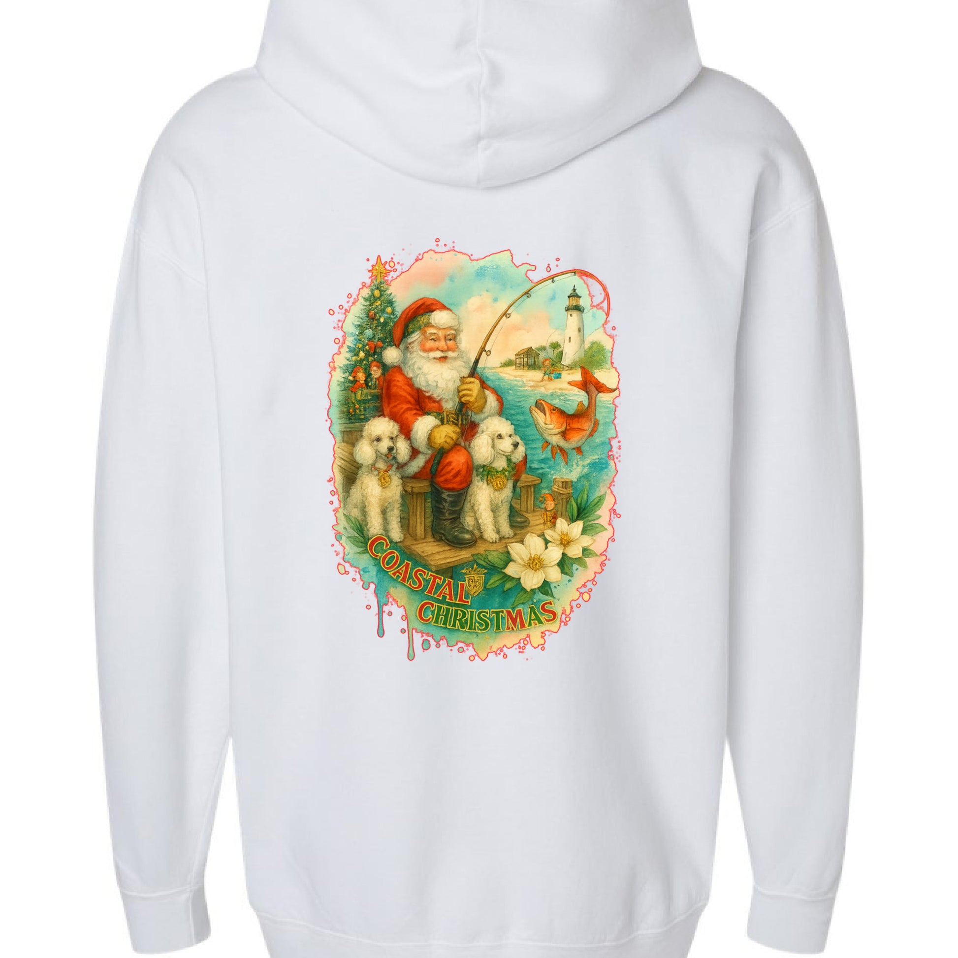 White hoodie with Santa fishing for redfish, poodles, lighthouse, and Christmas tree design.