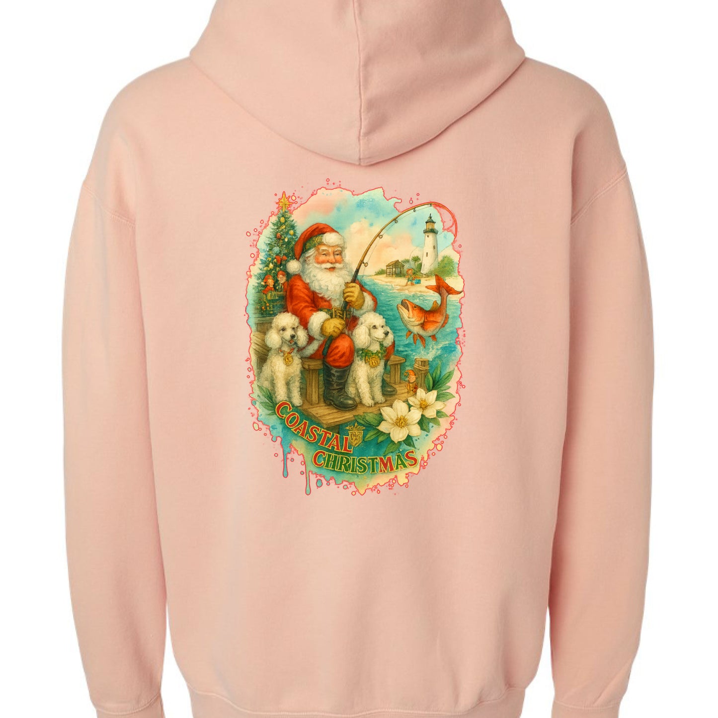 Pink hoodie with Santa fishing on a coastal pier with poodles, lighthouse, and Christmas tree.