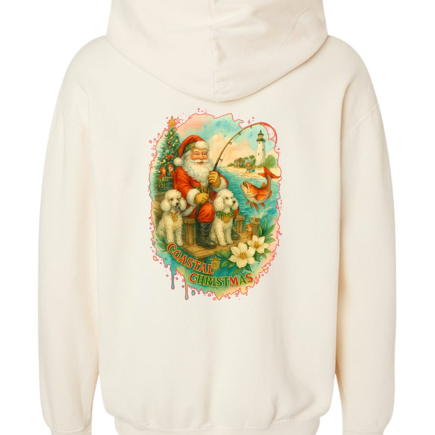 Cream hoodie with Santa fishing for redfish, poodles, lighthouse, and Christmas tree print.