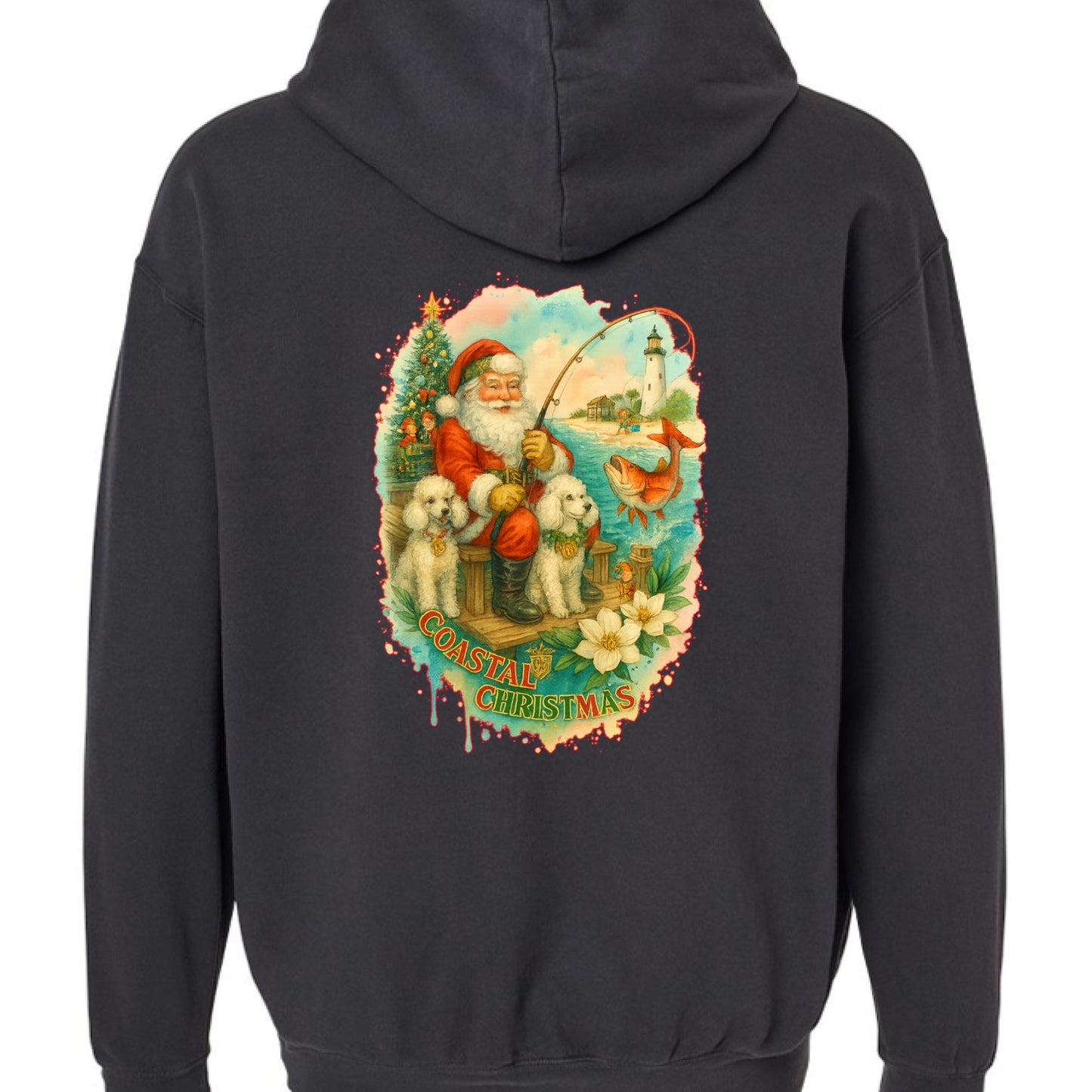 Gray hoodie with Santa fishing on a coastal pier, poodles, lighthouse, and "Coastal Christmas" text.
