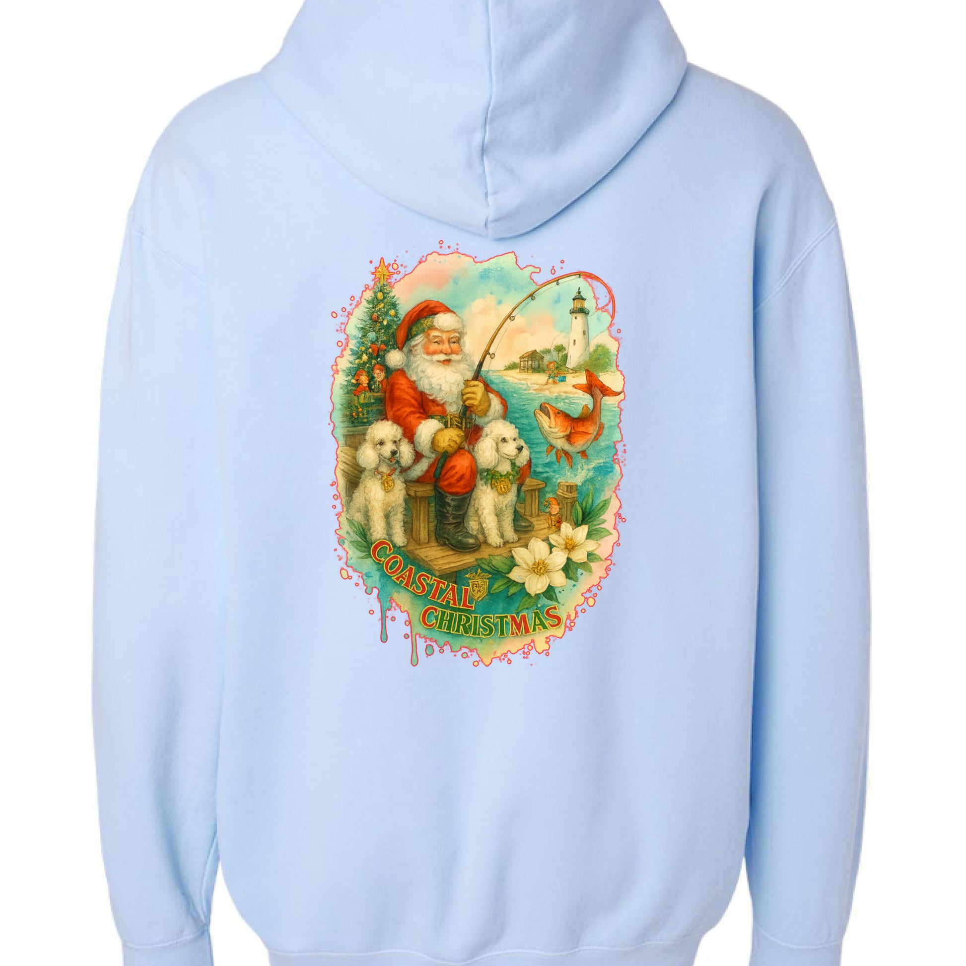 Light blue hoodie with Santa fishing for redfish on a coastal pier, poodles, lighthouse, and Christmas tree.