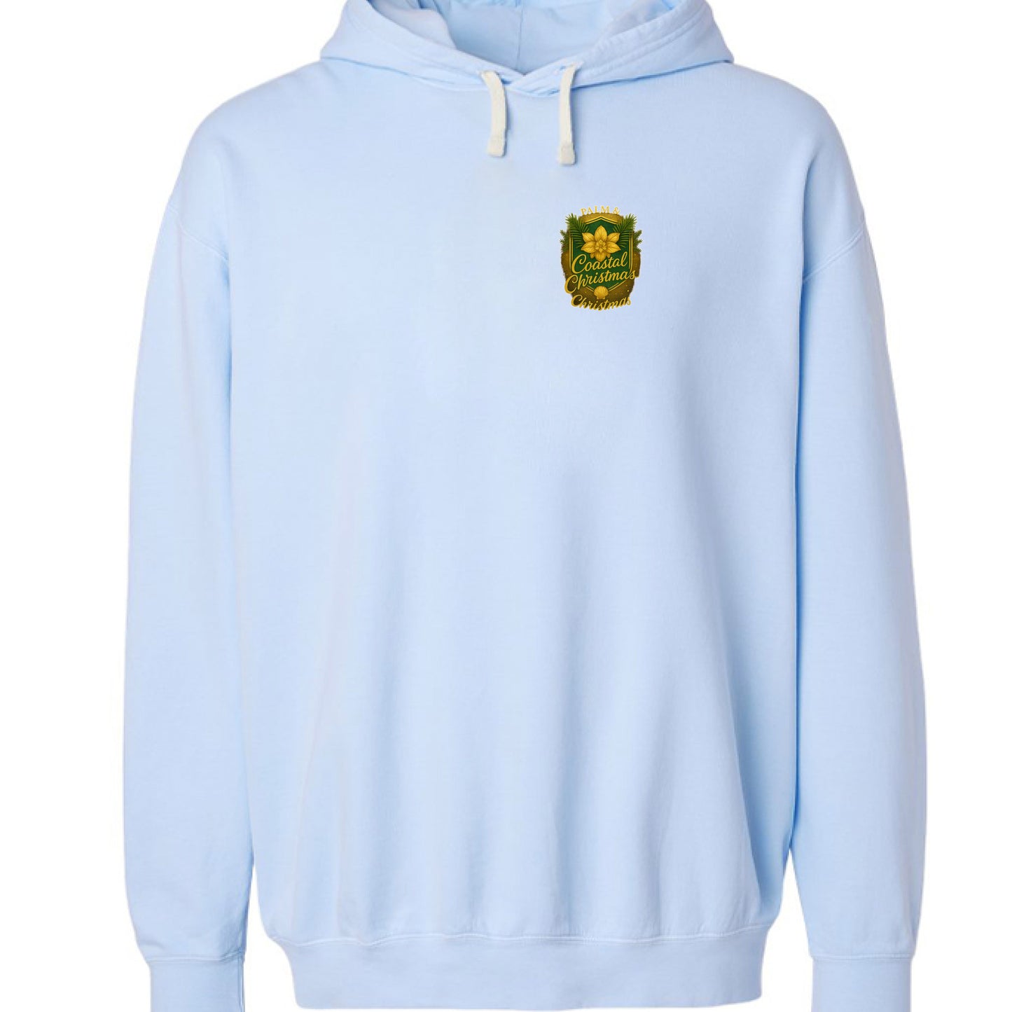 Light blue hoodie with embroidered green palm and magnolia patch on chest.