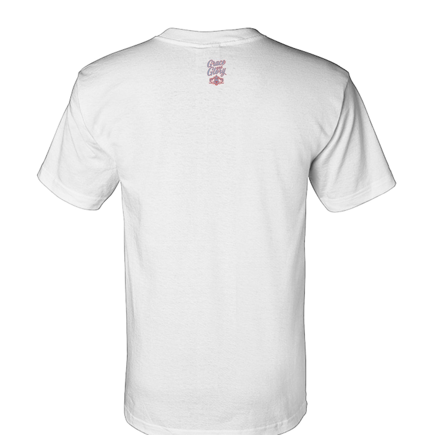 Back view of a white USA-made cotton T-shirt with "Make Heaven Crowded" text and palm and magnolia design on the upper back.