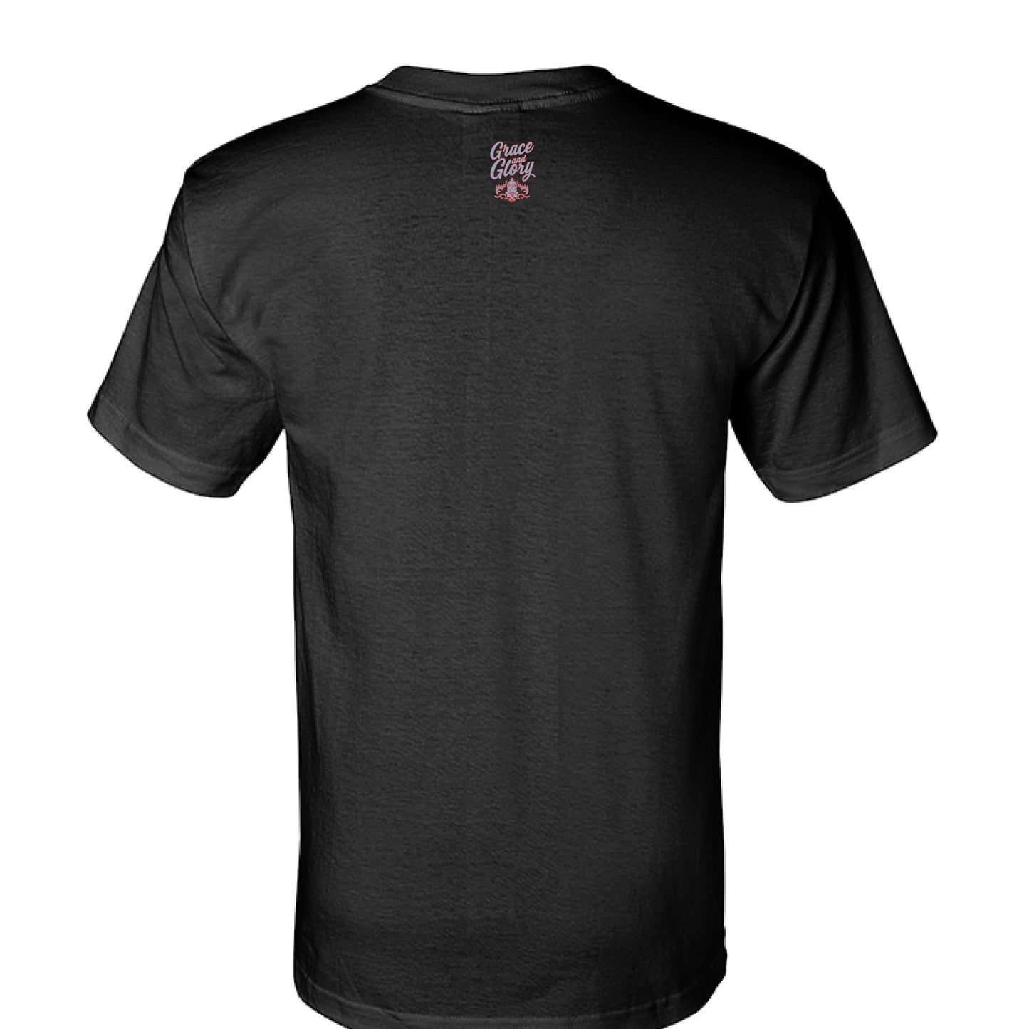 Back view of a black USA-made cotton T-shirt with "Make Heaven Crowded" text and logo on the neck.