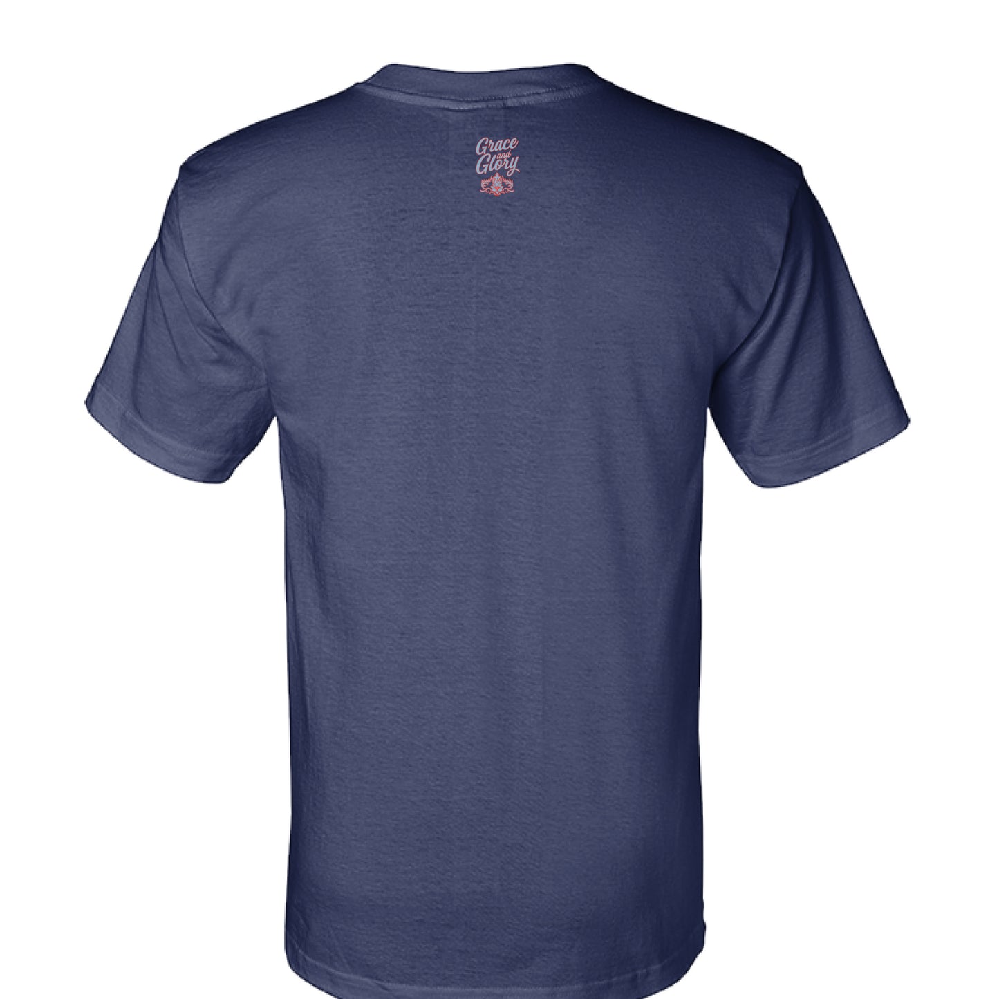 Back view of navy USA-made cotton T-shirt with "Make Heaven Crowded" print.