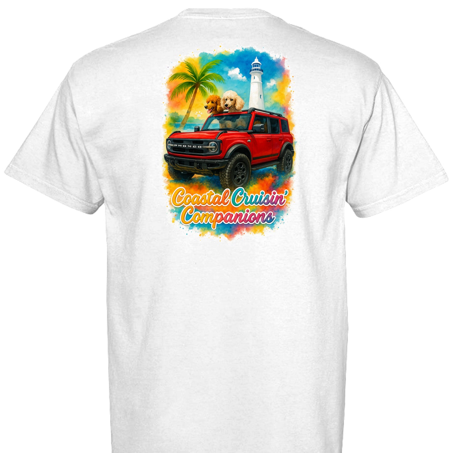 Back view of white Comfort Colors T-shirt with colorful coastal cruiser print.