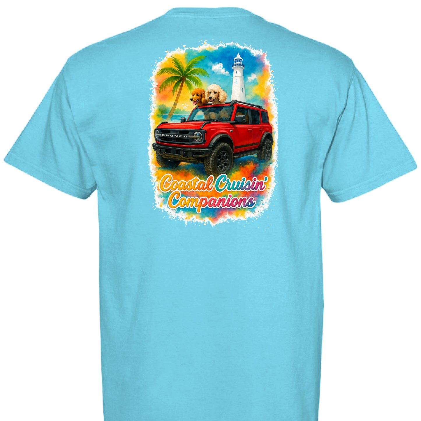 Back view of light blue Comfort Colors T-shirt with coastal cruiser design featuring a red Bronco, golden retriever, lighthouse, and palm tree.