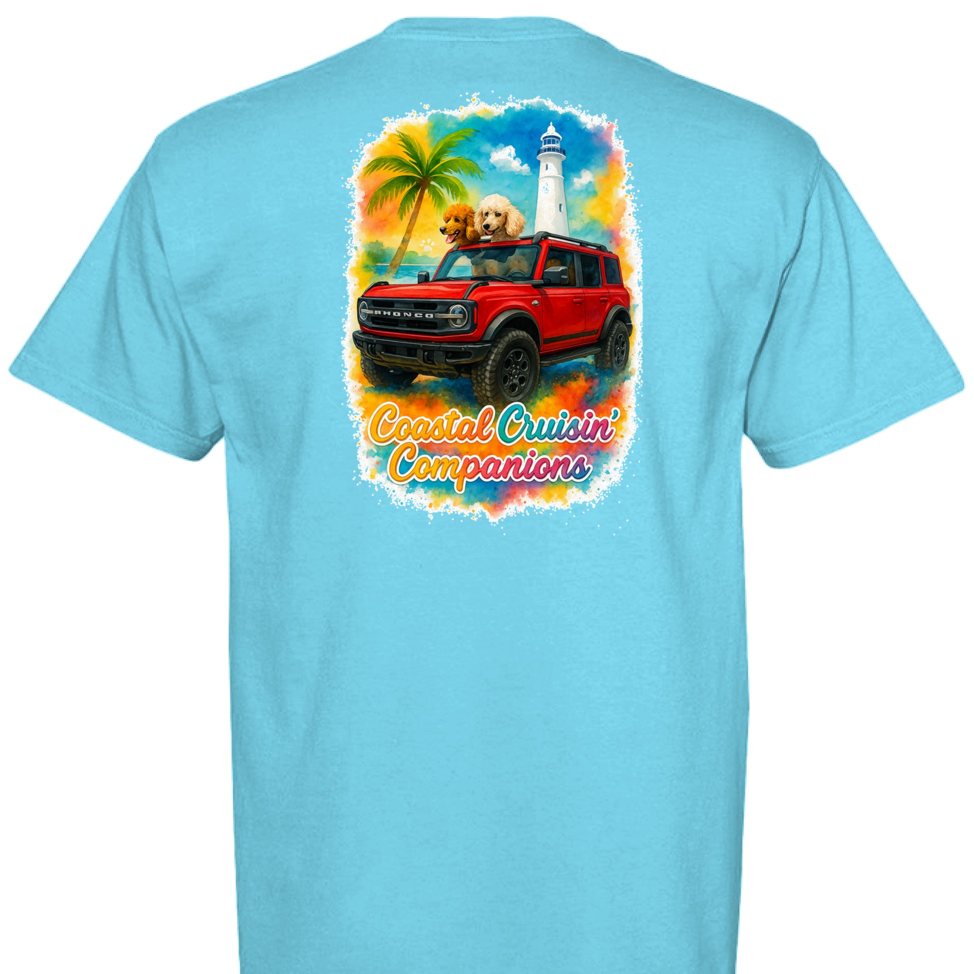 Back view of light blue Comfort Colors T-shirt with coastal cruiser design featuring a red Bronco, golden retriever, lighthouse, and palm tree.