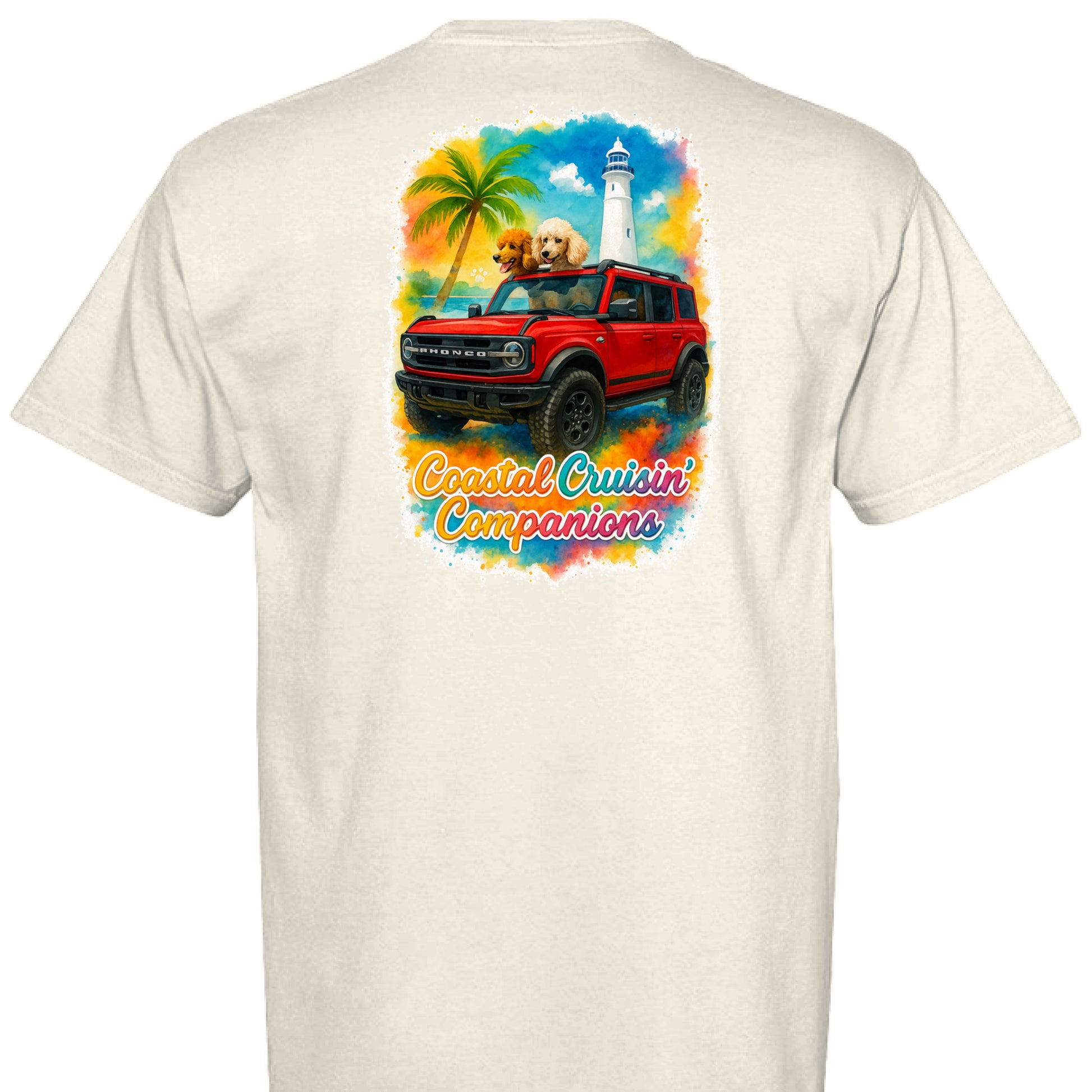 Back view of a cream Comfort Colors T-shirt with a colorful print of a red Bronco SUV, golden retriever, palm tree, and lighthouse.