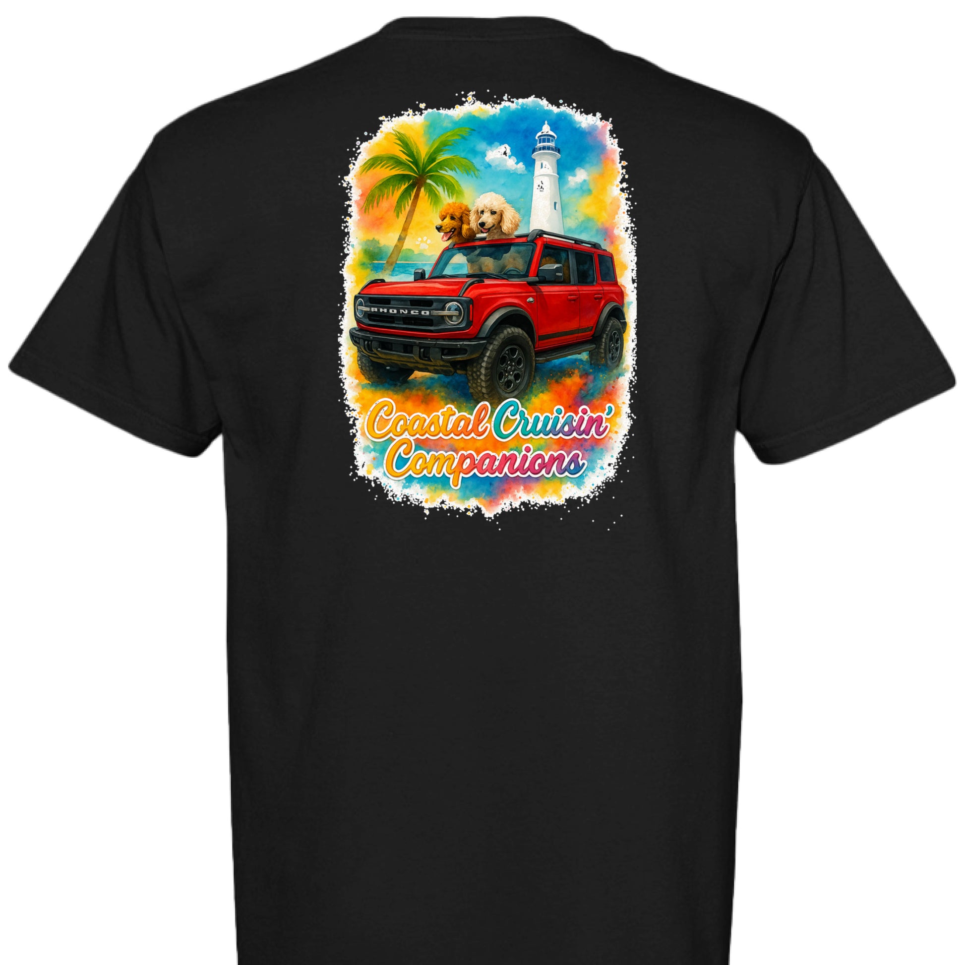 Black Comfort Colors T-shirt with back print of red Bronco, golden retriever, palm tree, lighthouse, and "Coastal Cruisin Companions" text.