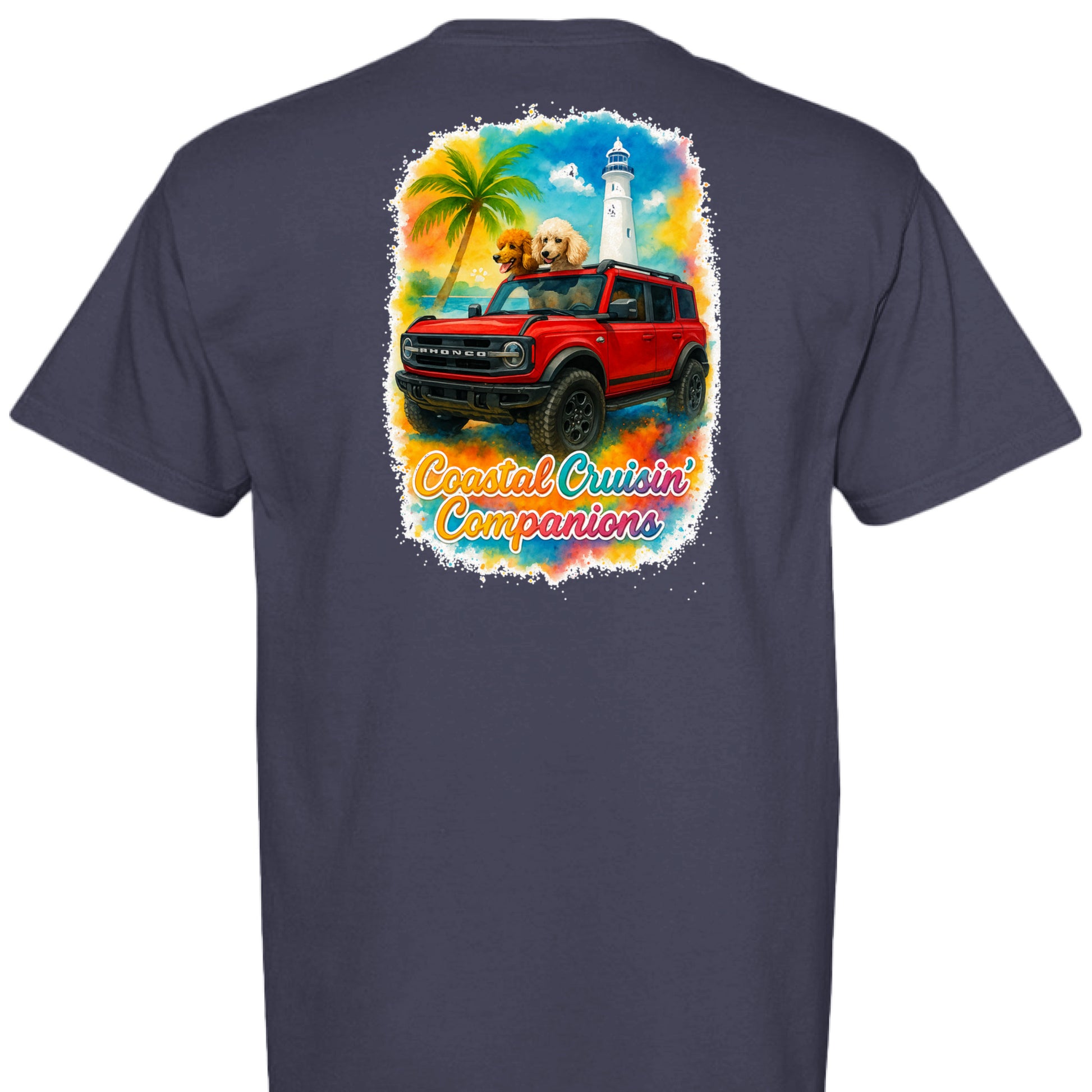 Back view of navy Comfort Colors T-shirt with Coastal Cruisin Companions print of red Bronco, dog, palm, and lighthouse.