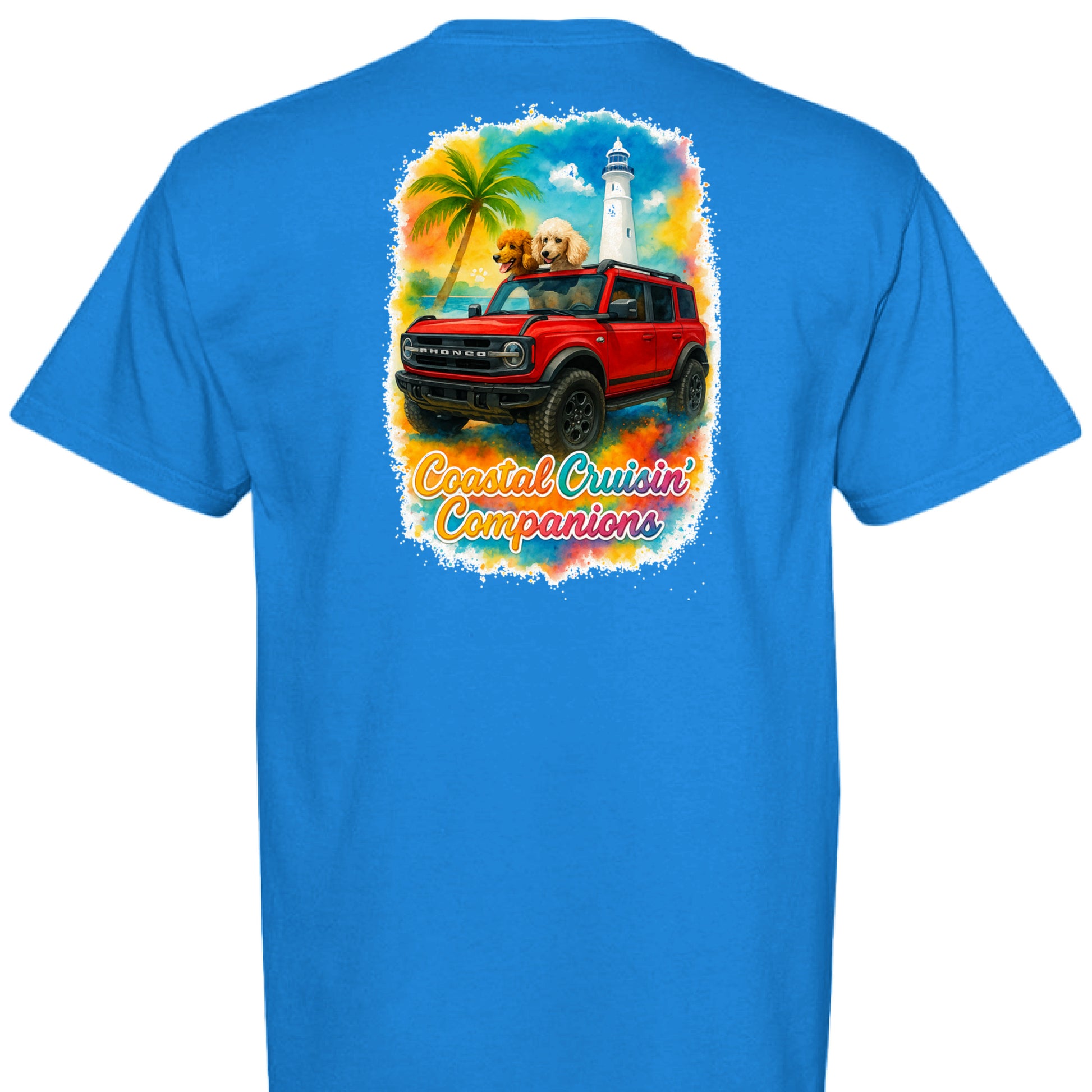 Blue Comfort Colors T-shirt with back print of red Bronco, golden retriever, palm tree, lighthouse, and "Coastal Cruisin' Companions" text.