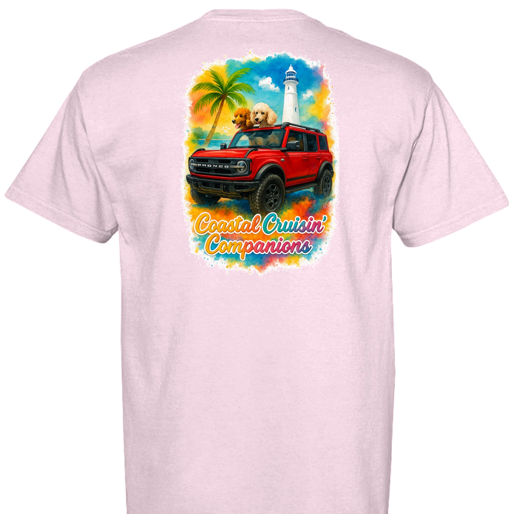 Pink Comfort Colors T-shirt with back print of red Bronco, golden retriever, palm tree, lighthouse, and "Coastal Cruisin' Companions" text.
