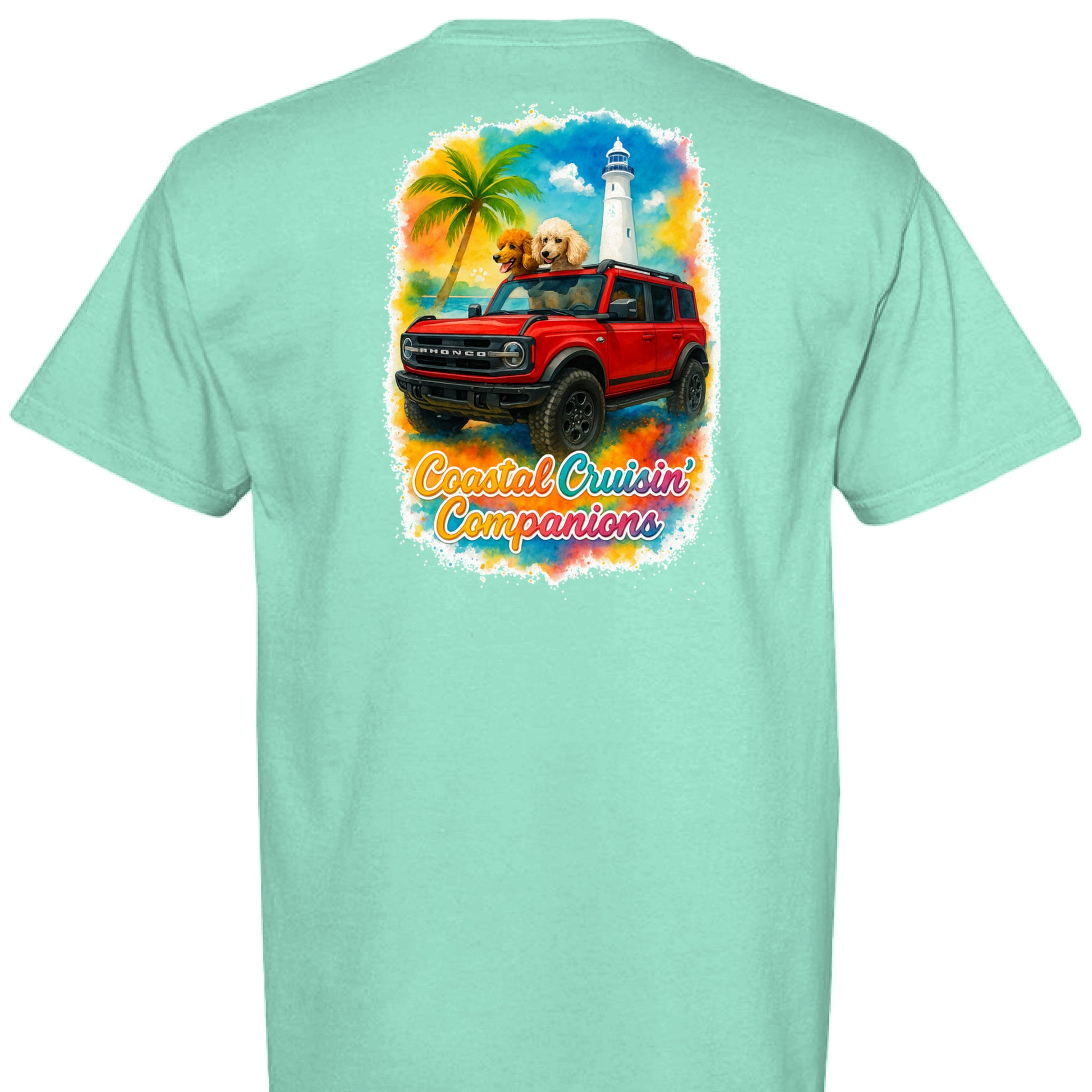 Back view of aquamarine Comfort Colors T-shirt with coastal print of red Bronco, dog, palm, lighthouse, and "Coastal Cruisin' Companions" text.