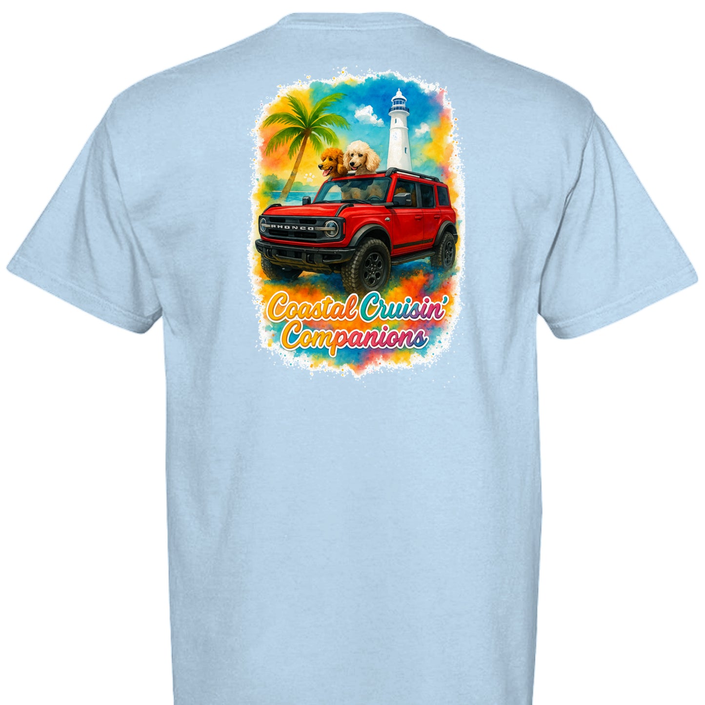 Light blue Comfort Colors T-shirt with back print of red Bronco, dog, palm tree, lighthouse, and "Coastal Cruisin Companions" text.