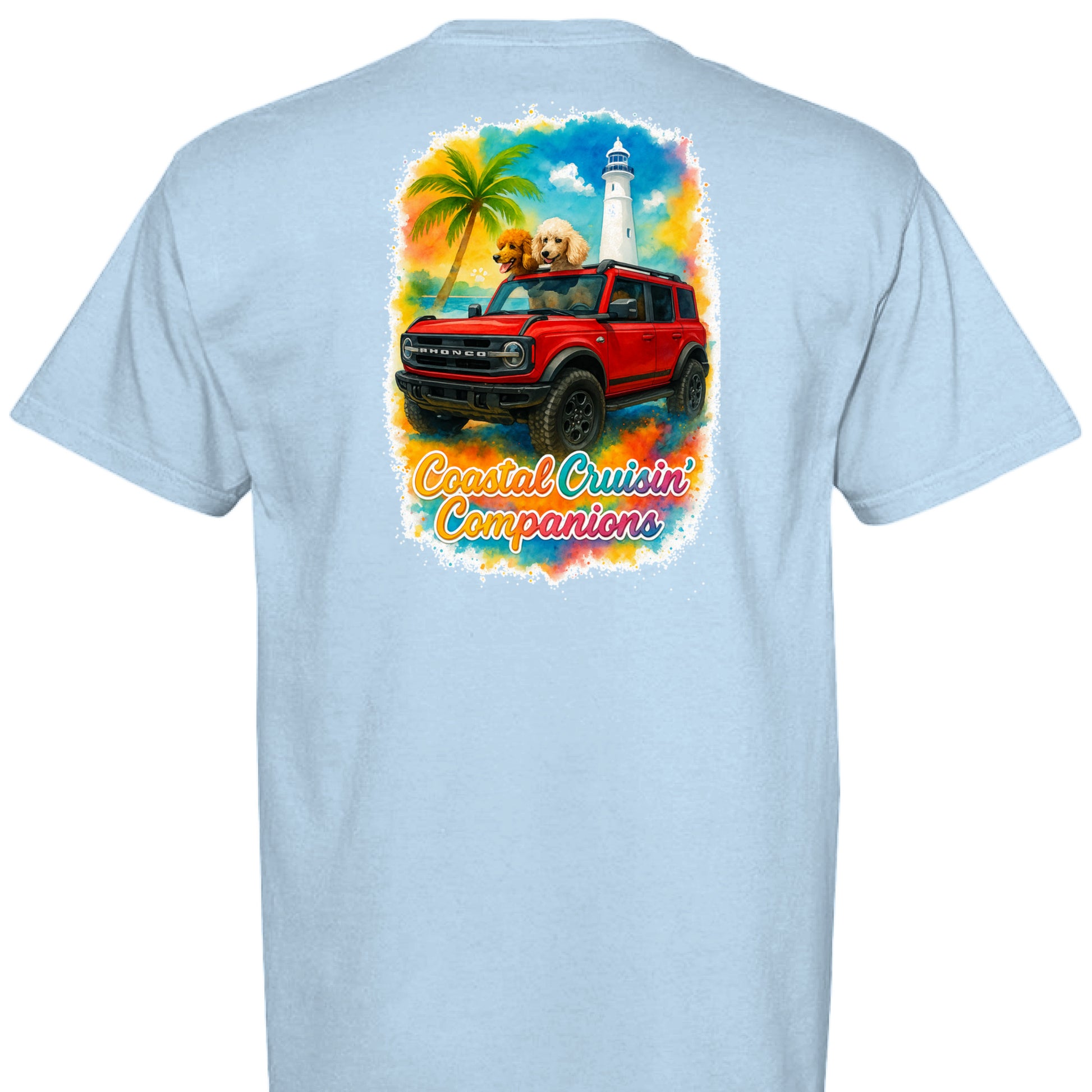 Light blue Comfort Colors T-shirt with back print of red Bronco, dog, palm tree, lighthouse, and "Coastal Cruisin Companions" text.
